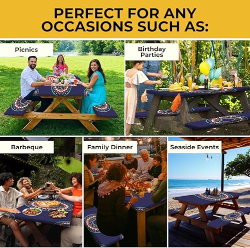 Miniatura 36 de RNOONY Funda de mesa de picnic de poliéster de 8 pies con fundas de banco, resistente al viento y al agua, perfecto para regalos de campamento