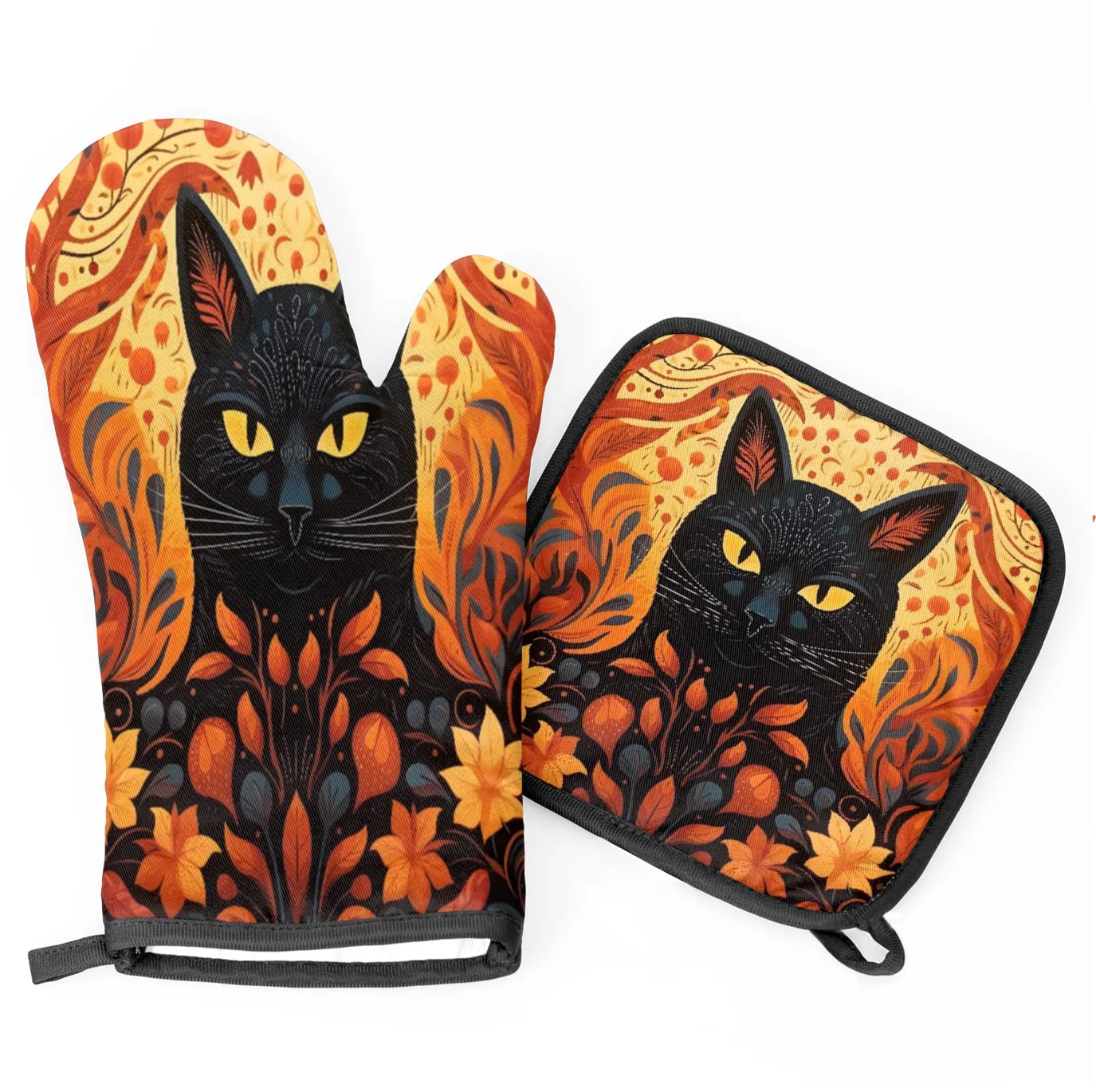 Flower Cat Oven Mitts Kitchen Oven Gloves for Cooking Baking Heat Proof Lining Cotton Kitchen Potholder Mittens Pot Holders Hot Pads for Chef Women Men