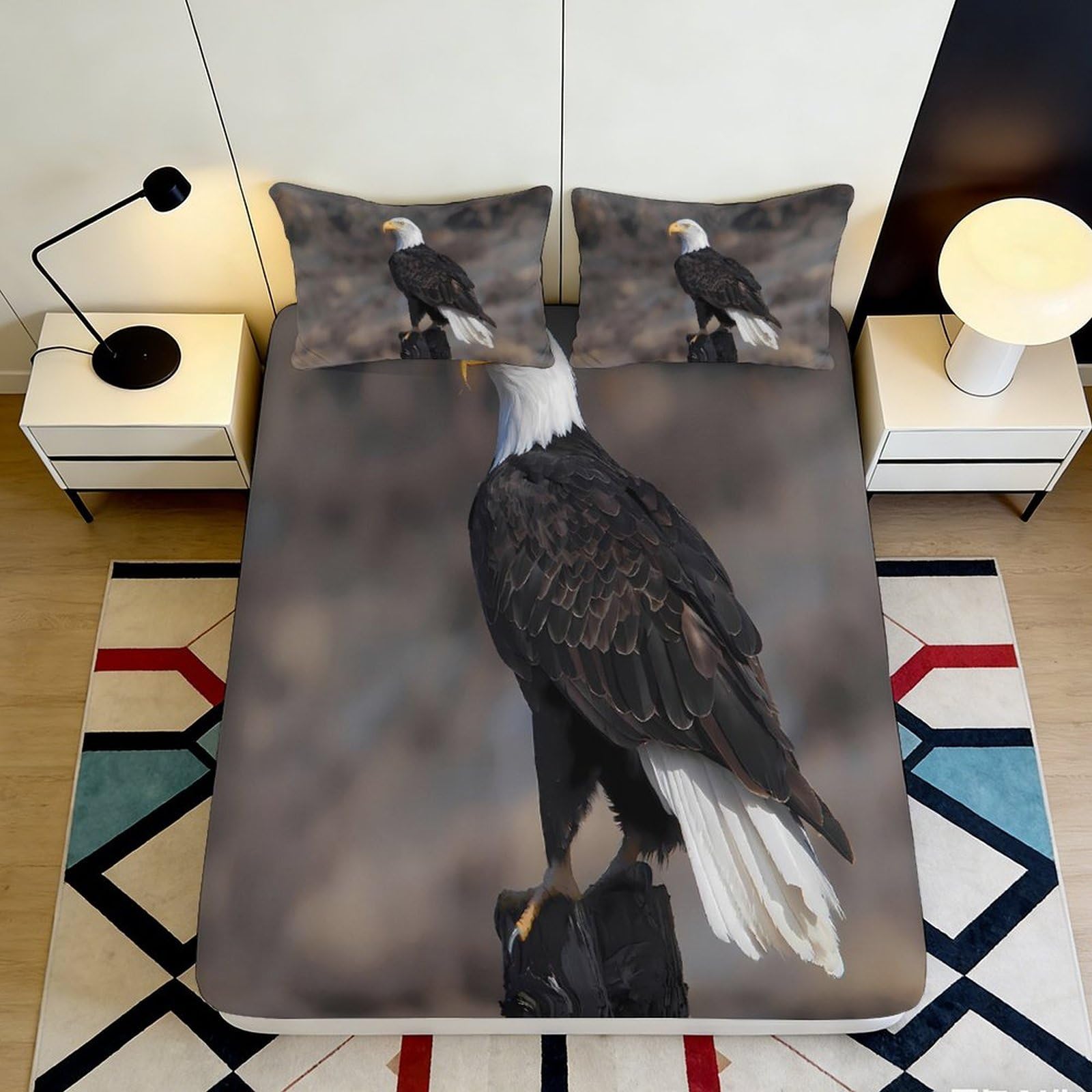 Pnayamiorkfel Style-8 3D Printed Bald Eagle Fitted Sheet Microfiber Soft Non-Slip Feather Bird Mattress Cover For Bedroom Decor 90X200x25cm