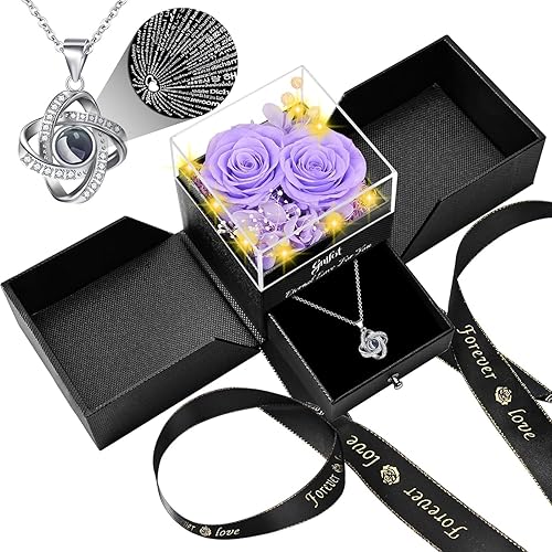 Miniatura 10 de 2 Rosas Preservadas Regalo para Mujeres - Rosa Eterna con Collar I Love You - Regalos Románticos de Cumpleaños para Novia Mamá Ella Esposa Abuela en