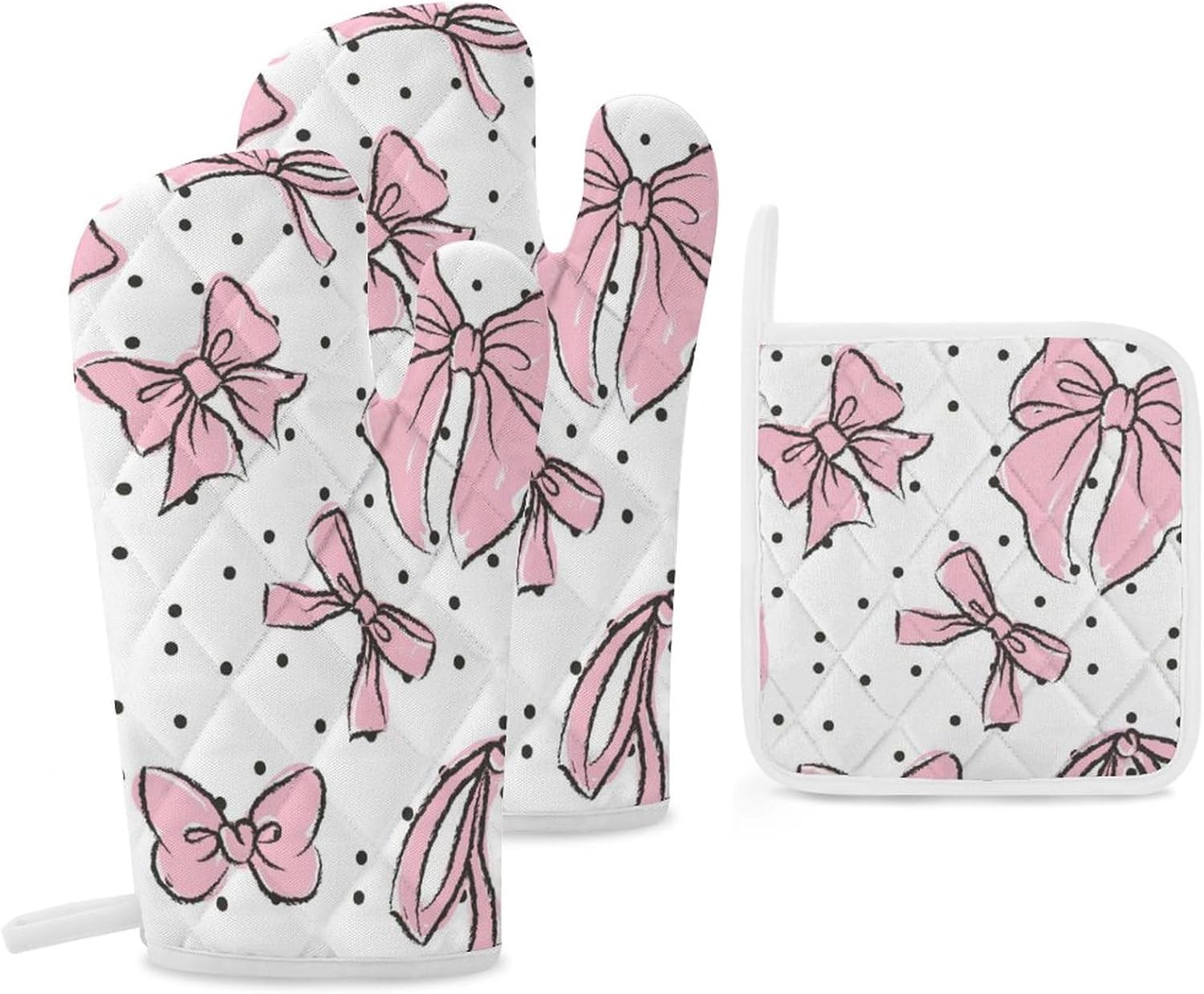 Extra Long Pink Bow Oven Mitts and Pot Holders 3pcs Set, High Heat Resistant 500 Degree Grill Gloves and Heat Proof Mat with Customizable for Kitchen Cooking Baking