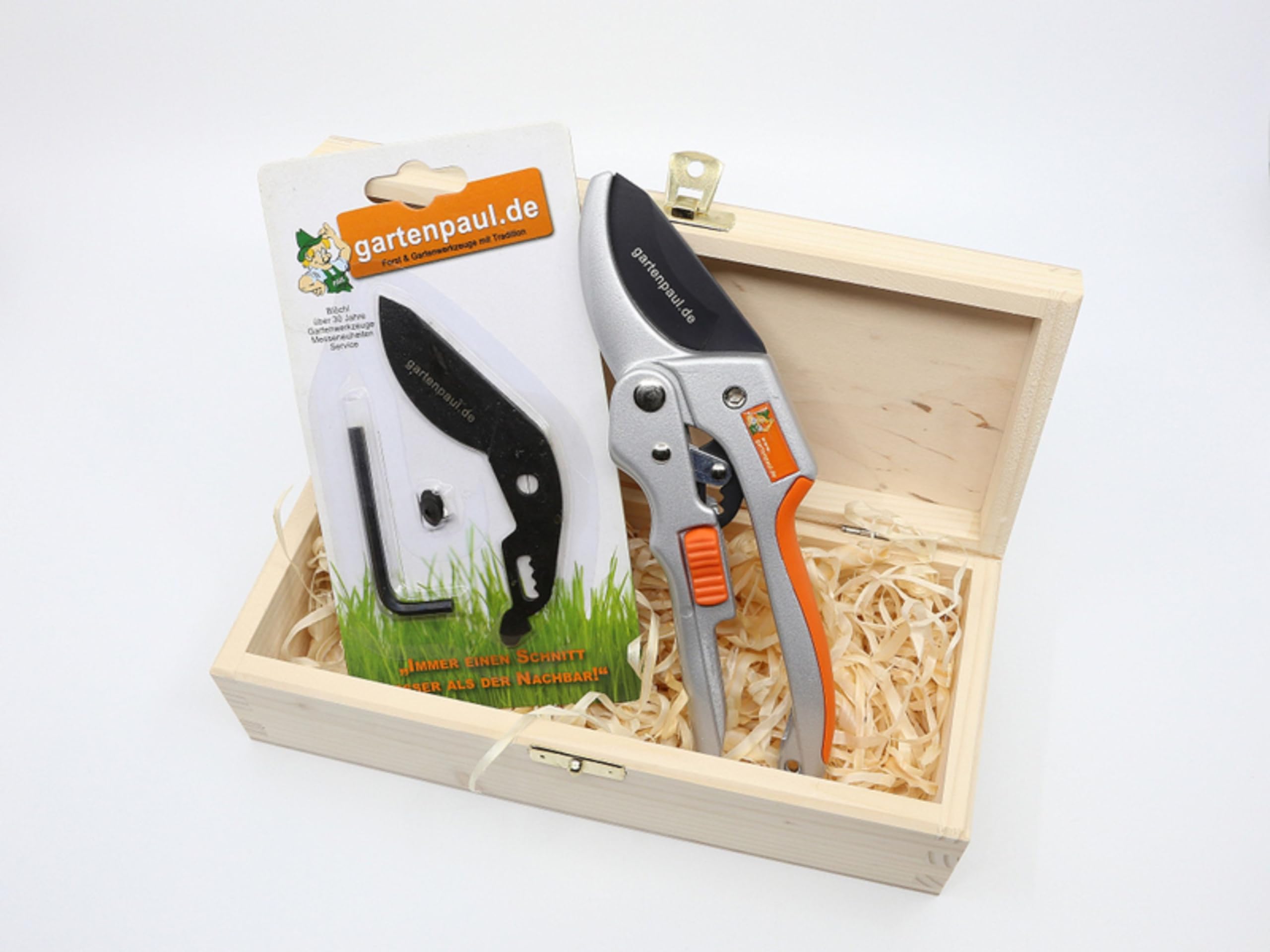 Ratschen Gartenschere | Limited Edition inkl. Ersatzklingen-Set und Gartenpaul Holzbox | Kostenloser Schleifservice | Amboss Gartenschere | Stufenschere