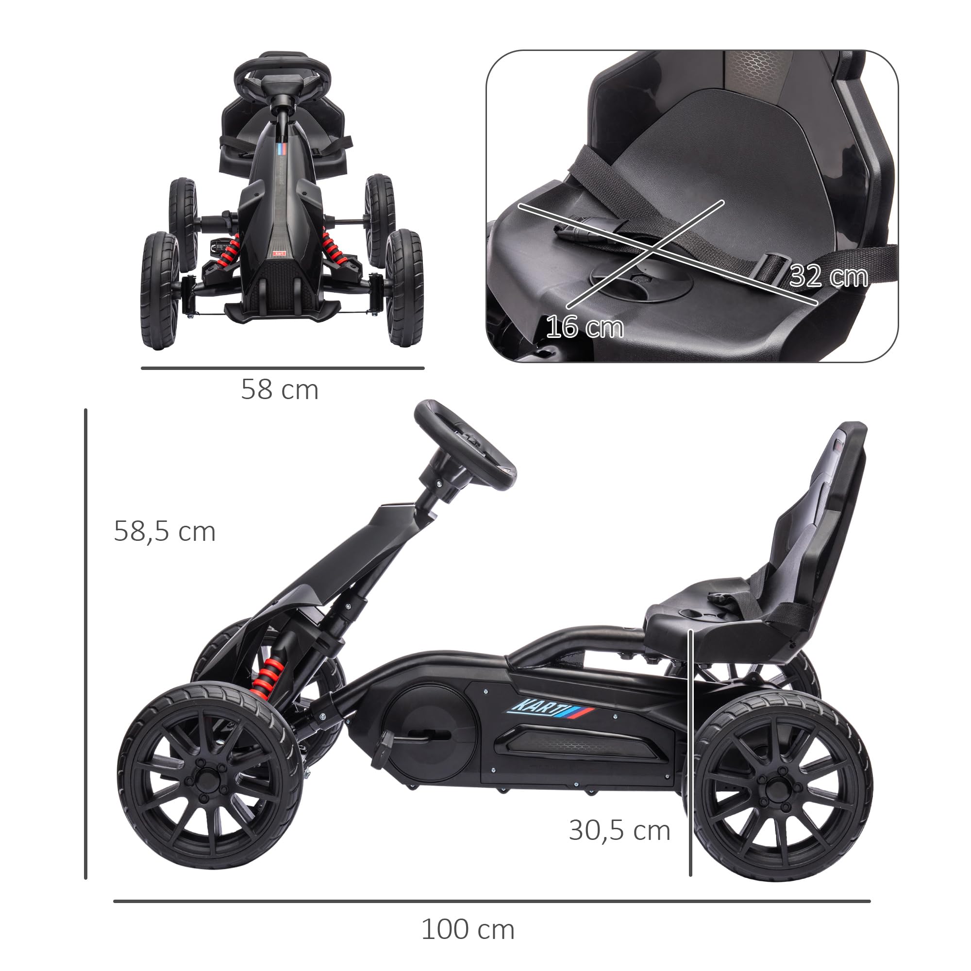 HOMCOM Kart Pedales Go Kart a Pedales para Niños de 3-8 Años con Asiento Ajustable en 4 Posiciones Freno de Mano Ruedas de EVA y Marco Metálico Carga 30 kg Negro