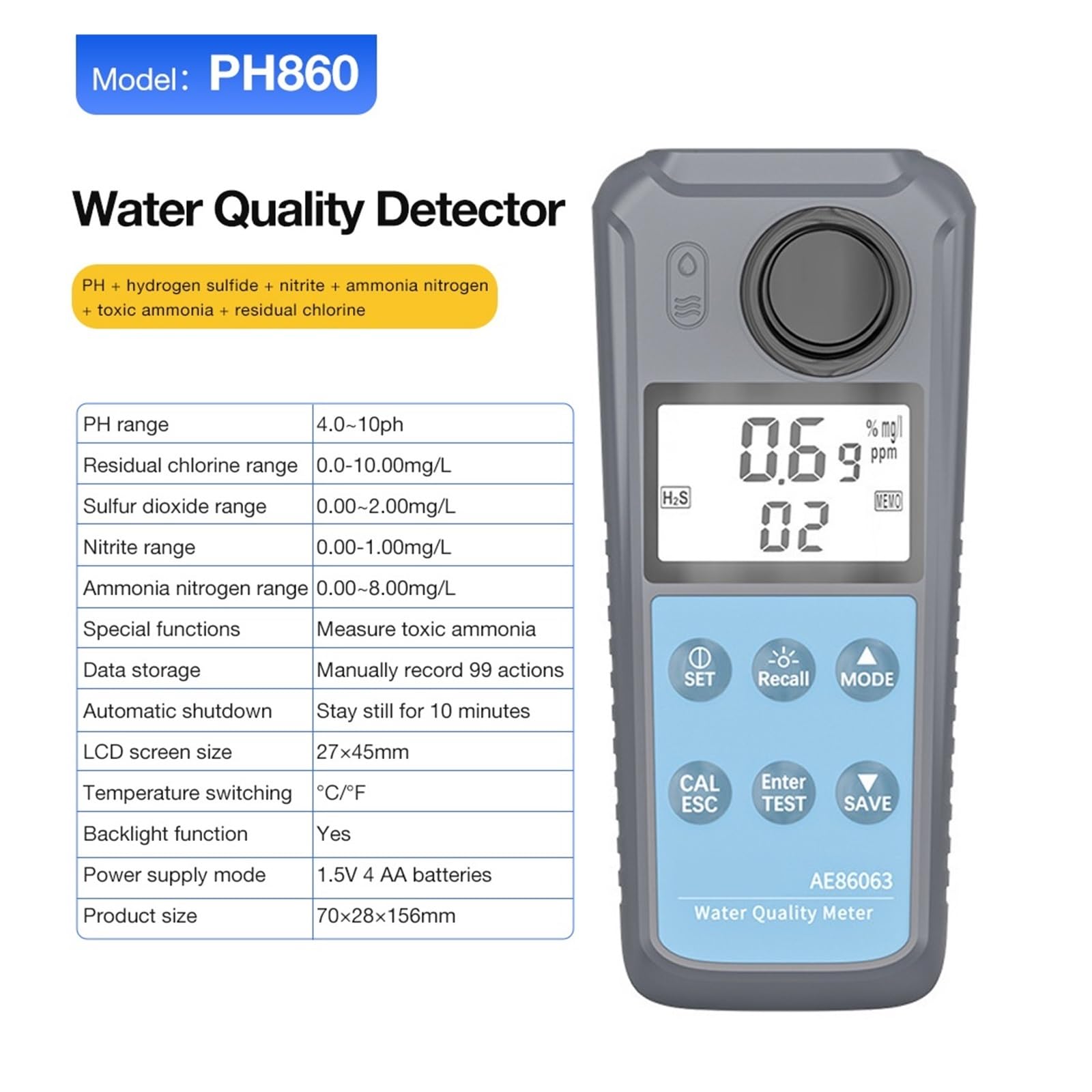 Turbidimètre, Testeur de qualité l'eau, turbidimètre, détecteur sulfure d'hydrogène/ammoniac, azote/chlorure/nitrite for eaux usées industrielles et aquaculture(PH860 (AE86063))