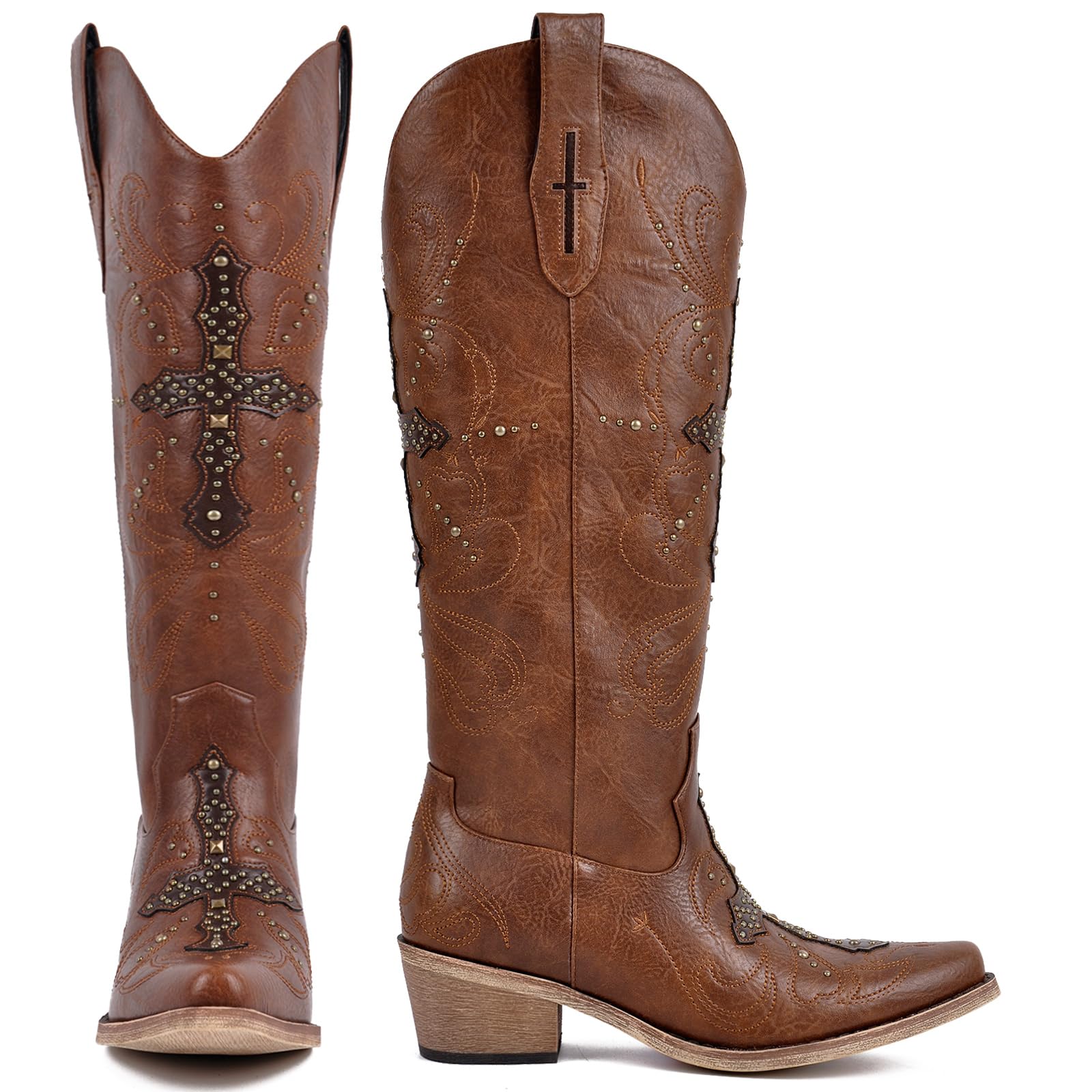 KISTANIA Womens Knee High Cowboy Boots with Crisscross Studded Western Cowgirl Boots Chunky Heel Pointed Toe