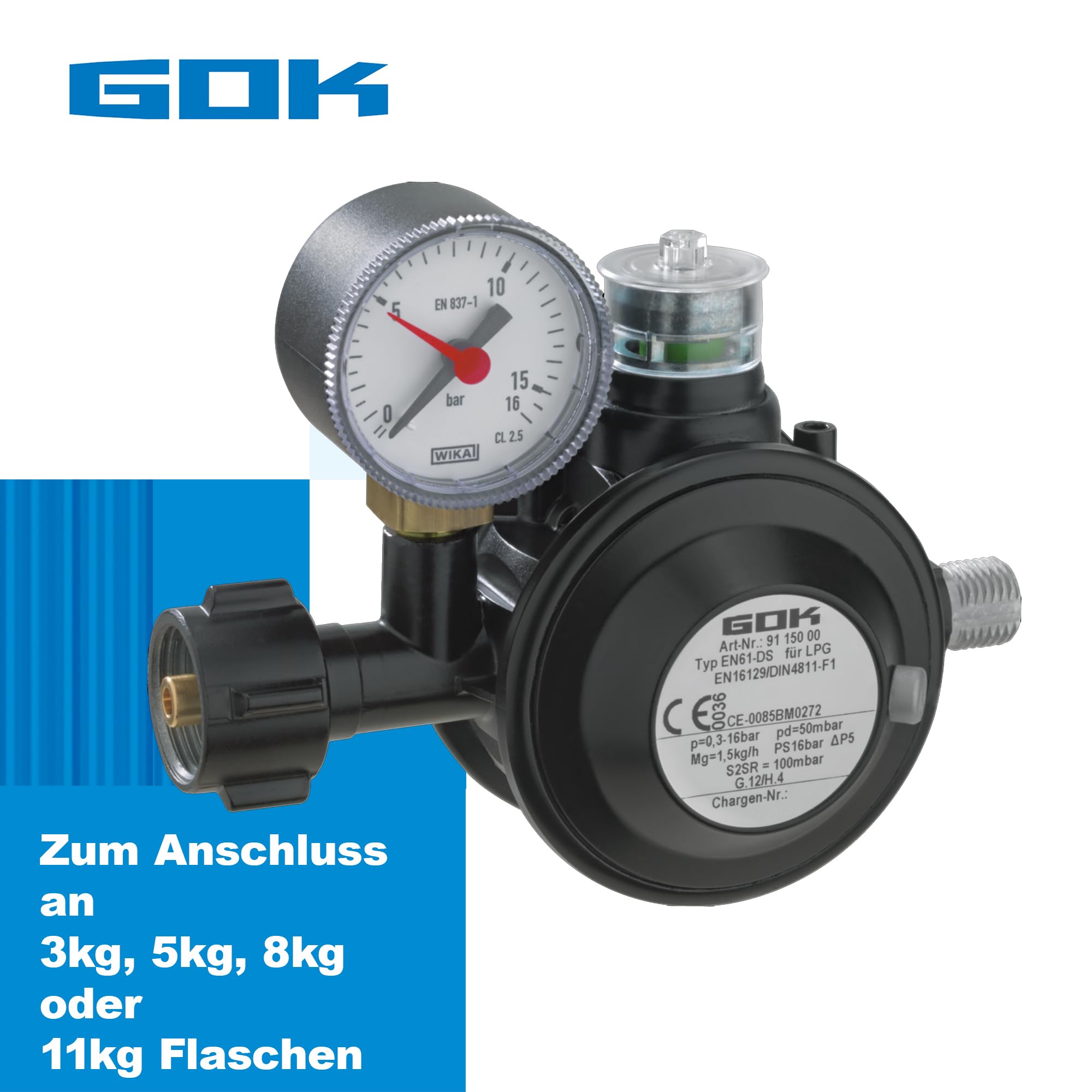 GOK Gasdruckregler EN61-DS PRO 1,5kg/h, schwarz, mit Manometer
