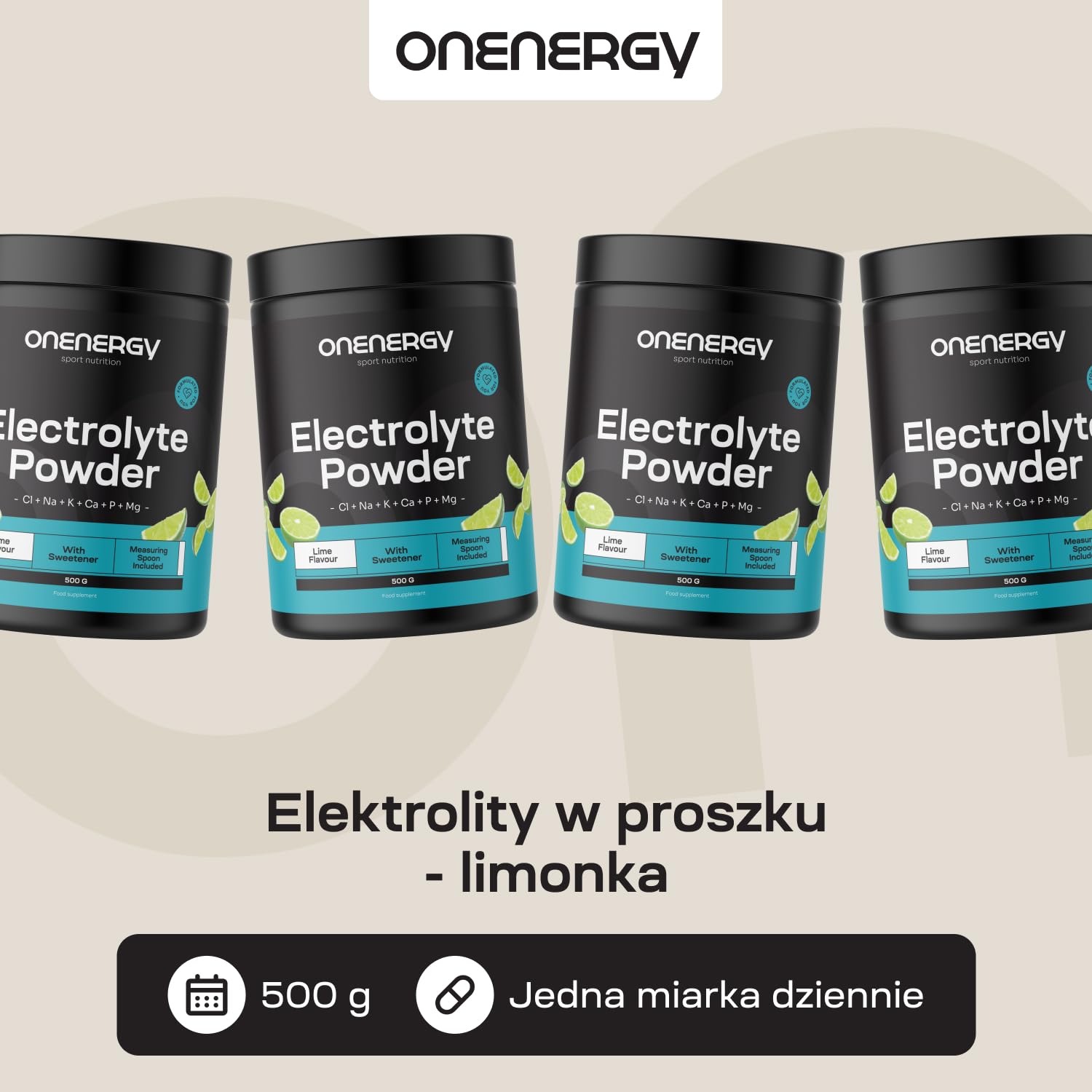 Elektrolity w proszku od OnEnergy - Limonka - 500 g - 142 porcje - Mieszanka 6 minerałów - Nawodnienie - Wsparcie mięśni i nerwów - Dołączona miarka - Na prawie 5 miesięcy