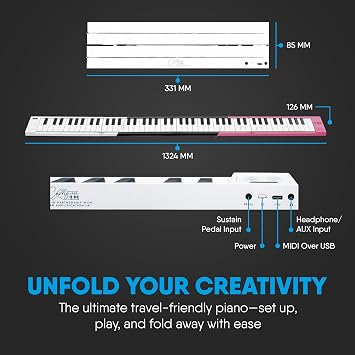 Blackstar Carry-on White 88 Keys USB MIDI Controller for Portable Folding Digital Piano with Rechargeable Battery