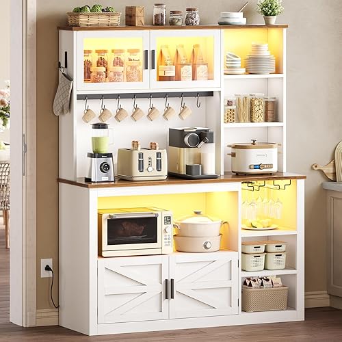 Itaar Estante para panaderos con toma de corriente y luz LED, gabinete de barra de café Futed de 45.3 pulgadas, soporte para microondas de cocina