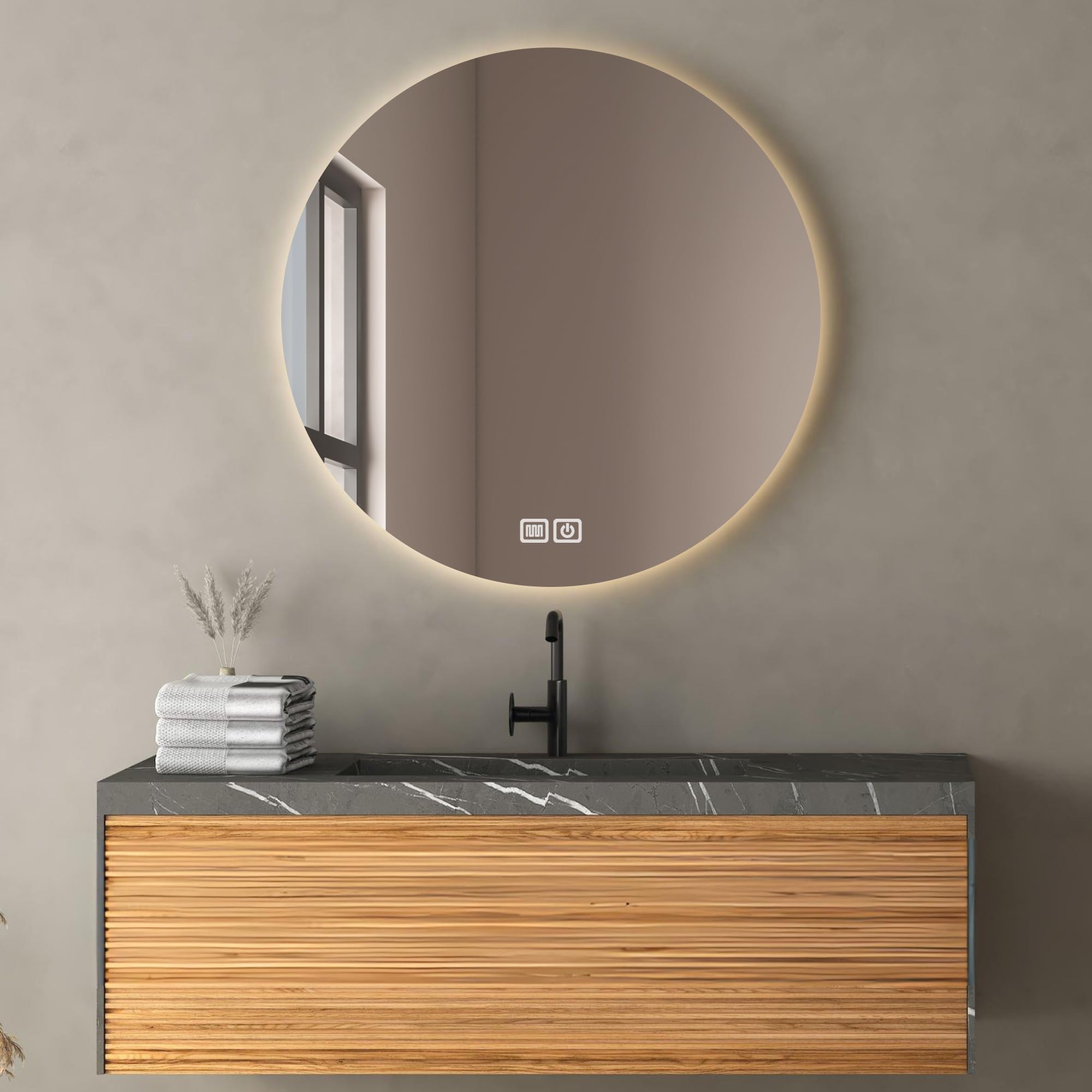 Bayt Espejo de baño con Iluminación - Espejo Redondo - Espejo de pared - 3 niveles de luz - Anti-Condens - 60 cm