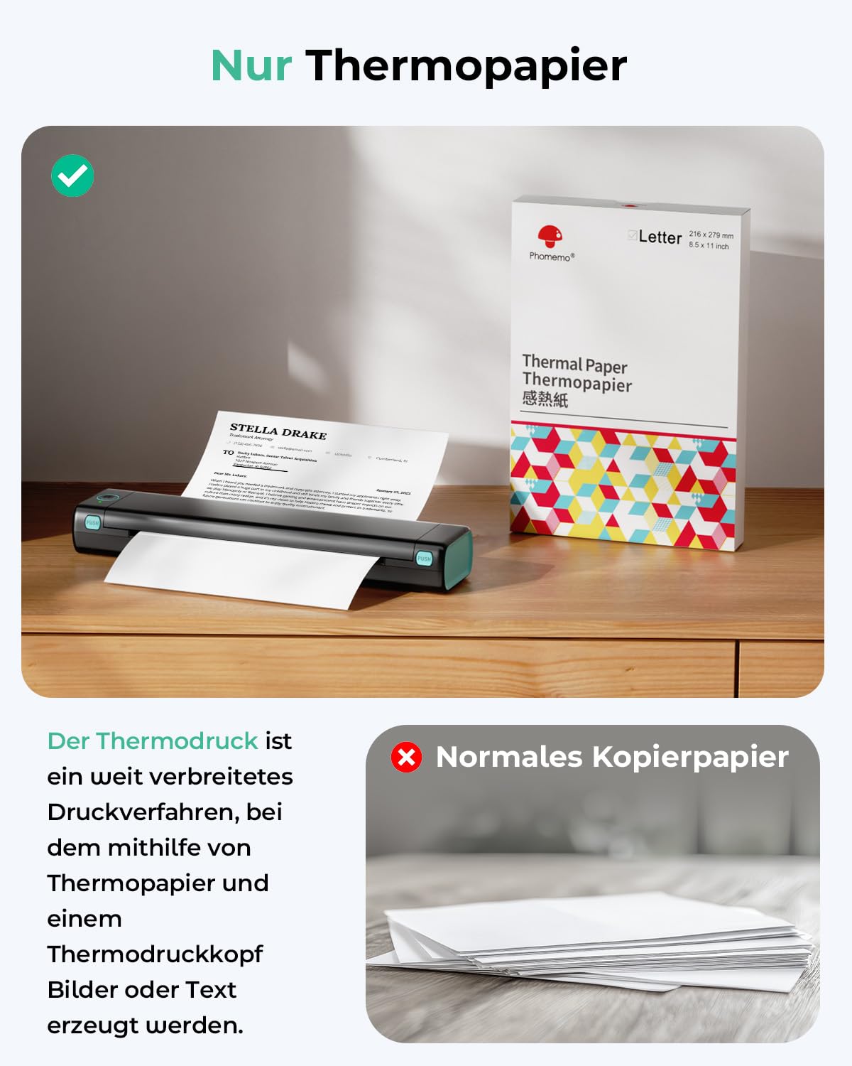 Phomemo M08F Thermodrucker A4 Mobiler Bluetooth Drucker, Tragbarer Wireless Printer für Unterwegs Kompatibel Android iOS, Thermopapier Drucker, Schwarz Grün