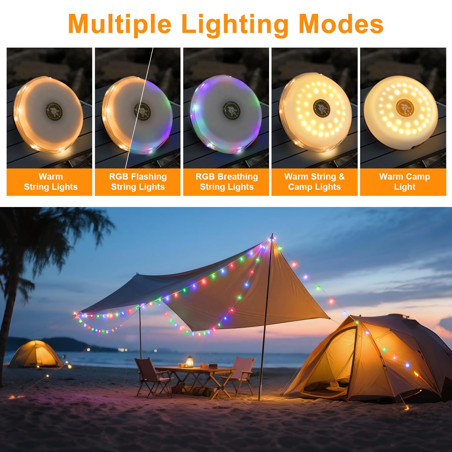 Ellasay Guirlande lumineuse solaire 2 en 1 pour camping 5 modes IP65 étanche – Batterie 1200 mAh USB/charge solaire pour tentes d'extérieur, camping-car, randonnée, décoration de fête de jardin – 9 m