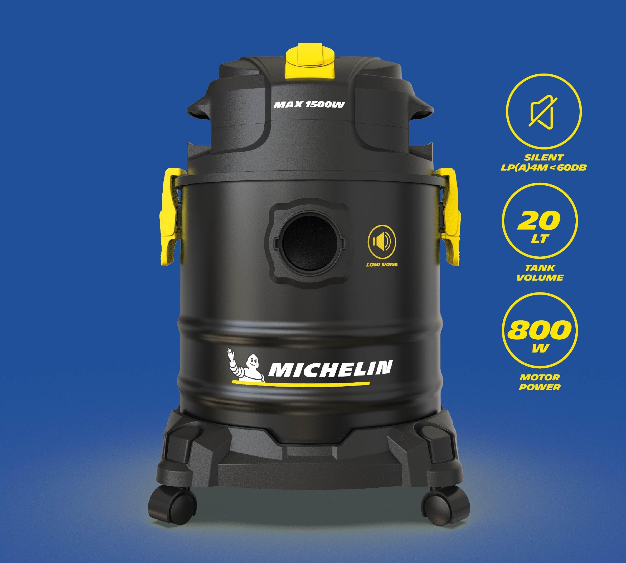 Michelin, Aspirador sólido y líquido X3 20L S, Rango silencioso, Tanque de Acero de 20 L, con Toma eléctrica, 800 W, con Accesorios, función de soplado 18 kPa