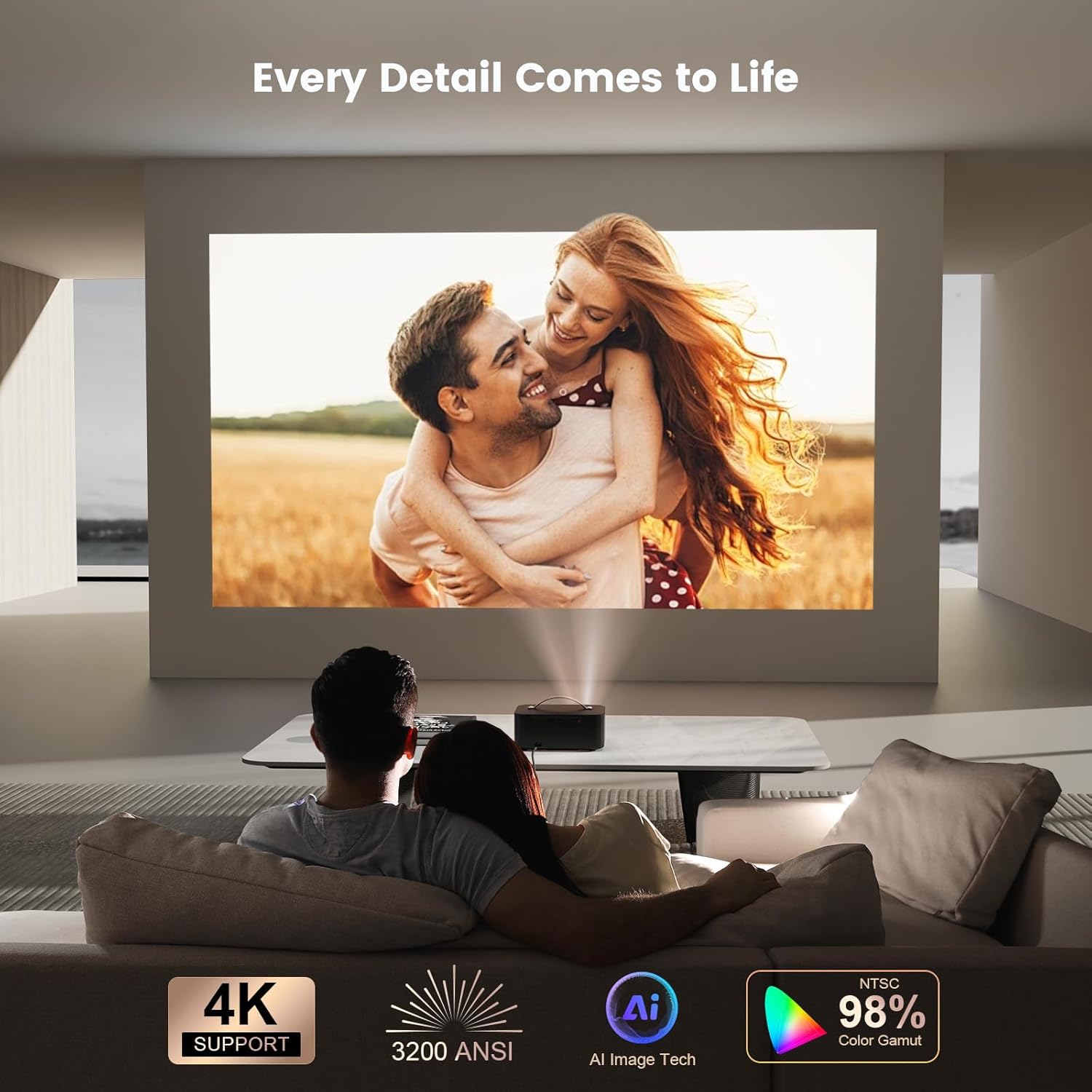 Projector-4K with WiFi and Bluetooth:[3200 ANSI/AI Auto Focus/Built-in APPs] Outdoor-Projector Smart OS 2.0 & 50W DoIby, ONOAYO Portable Proyector Compatible with Netflix/YouTube/PrimeVideo Upgraded