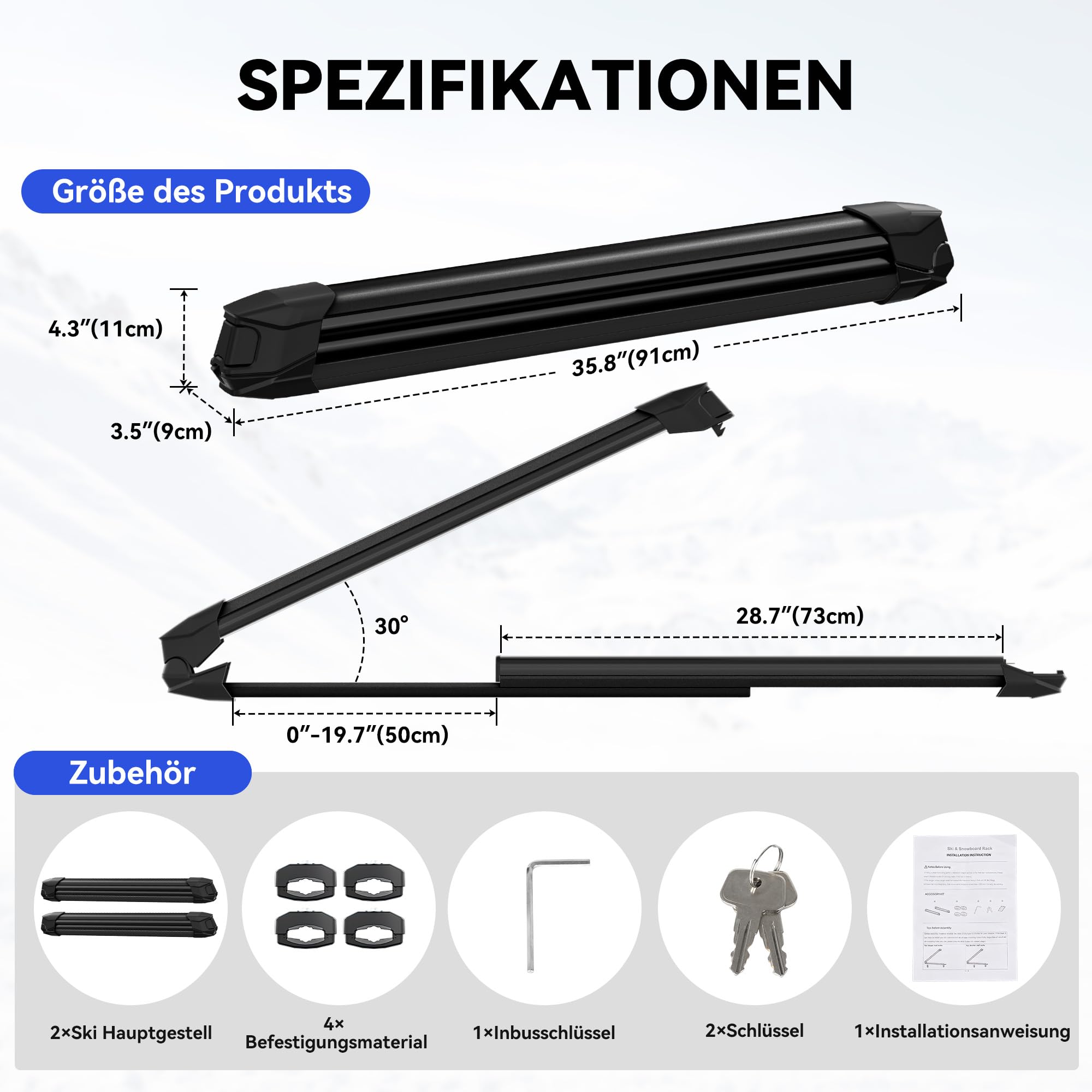 Ski- und Snowboard-Dachträger, Universal-Skiträger, mit Anti-Diebstahl-Schloss, 28'' Passend für 6 Paar Skier/4 Snowboards, Passend für Square/Round/Aero/Oval Cross Bars, eisenhaltig