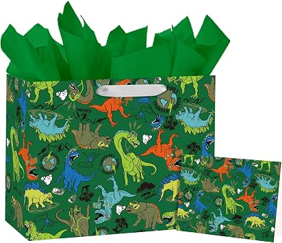 Loveinside Dinosaur Gift Bag for Kids Boys, Cartoon Dino Design with T-Rex, Triceratops, Stegosaurus, Green Medium Size Gift Bag with Tissue Paper, Tag, Card for Birthday Party, 13" x 5" x 10", 1 Pcs
