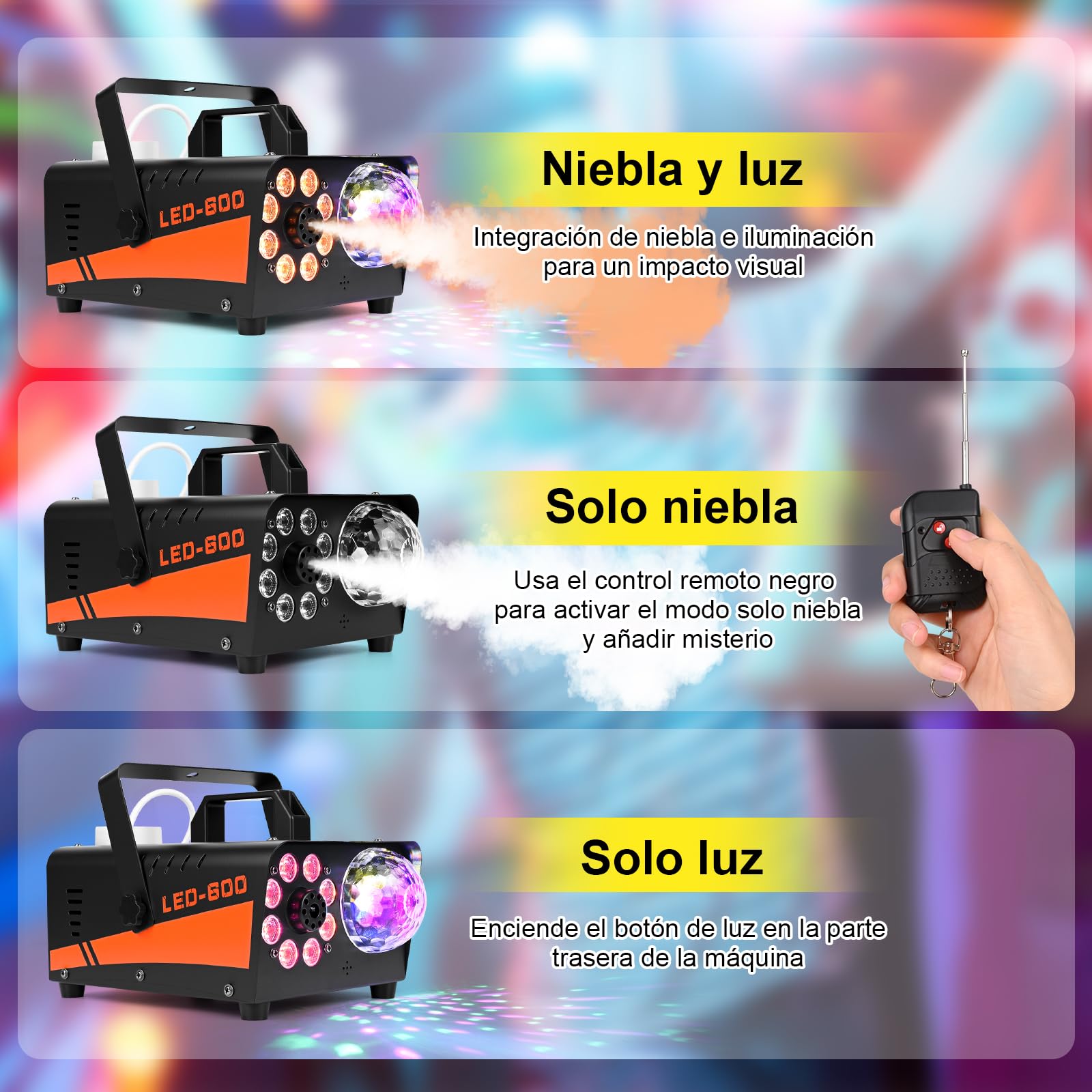 Máquina de Humo, GuKKK Mini Máquina de Humo de 600 W, Portátil Máquina de Humo con Remoto Inalámbrico, 8 LED 13 Colores RGB, para Fiestas de DJ,Presentaciones en El Escenario y Halloween/Navidad