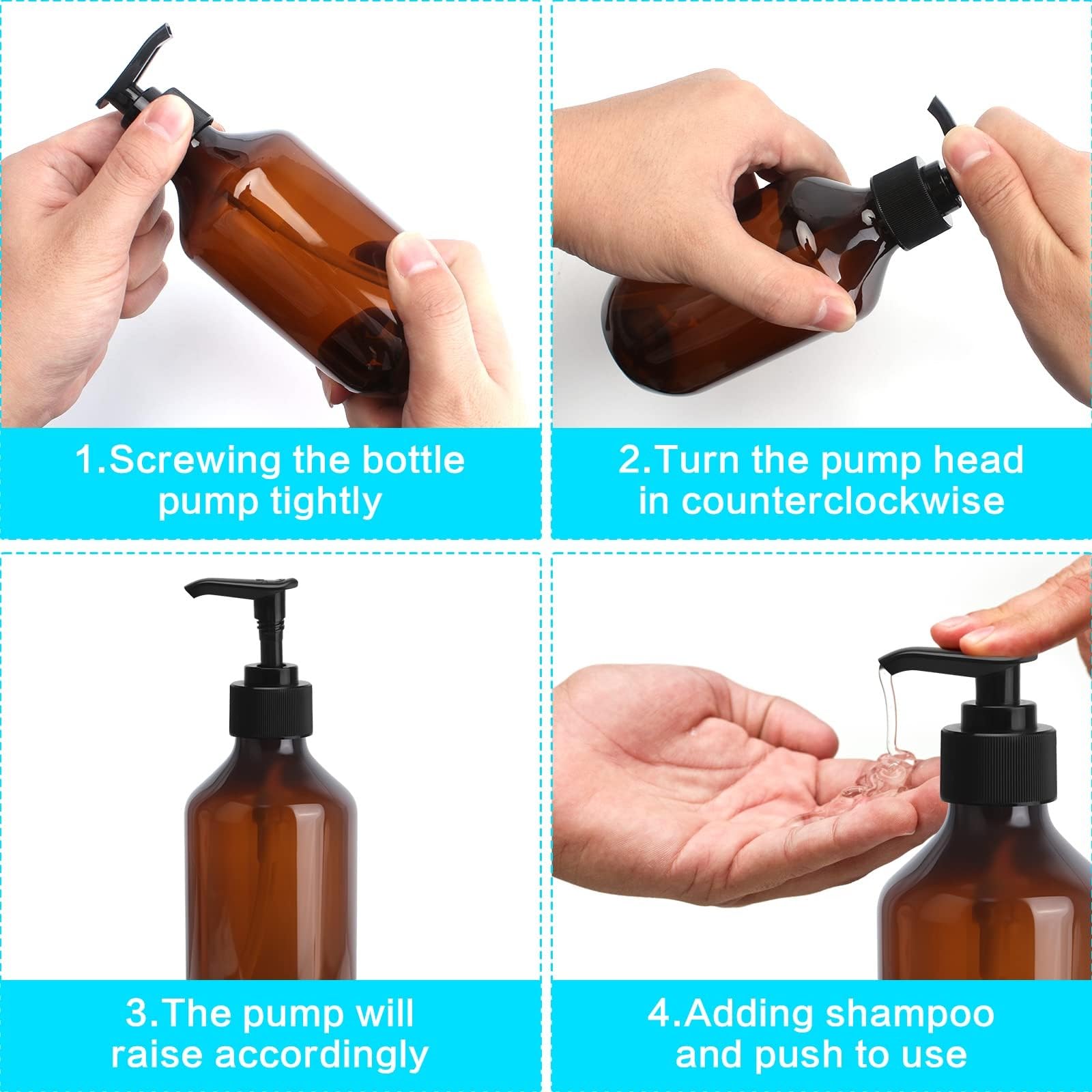 Qinsky Refillable Pump Bottles, 4Pcs Brown Empty Press Pump Bottles with Pumps, Dispenser for Lotion Shampoo, Soap - Image 4