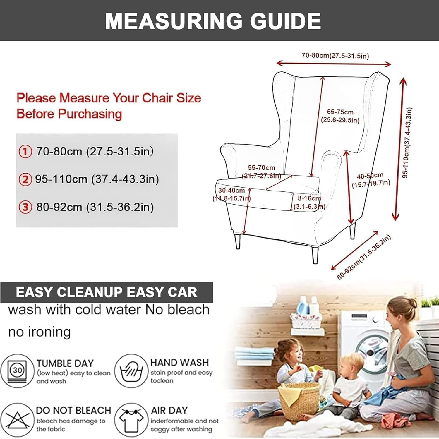 Eco-Ancheng Wingback Chair Cover Wingback Chair Slipcover 2-Piece Wingback Sofa Slipcover Wingback Armchair Slipcovers Furniture Protector with Elastic Bottom for Living Room Bedroom Wingback Chair,56