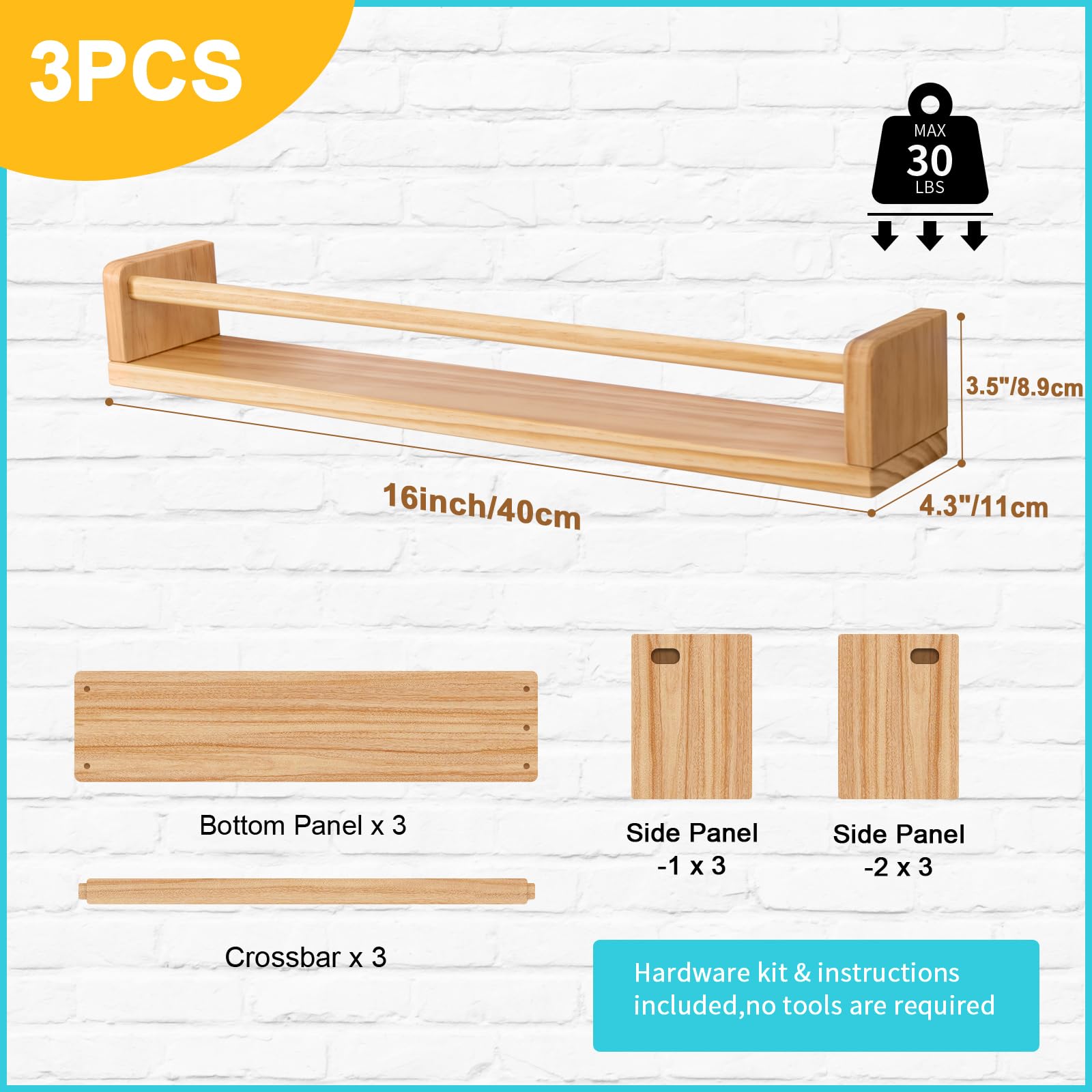 Gieanoo Lot De 3 étagères Murales Flottantes En Pin Massif De 60 Cm