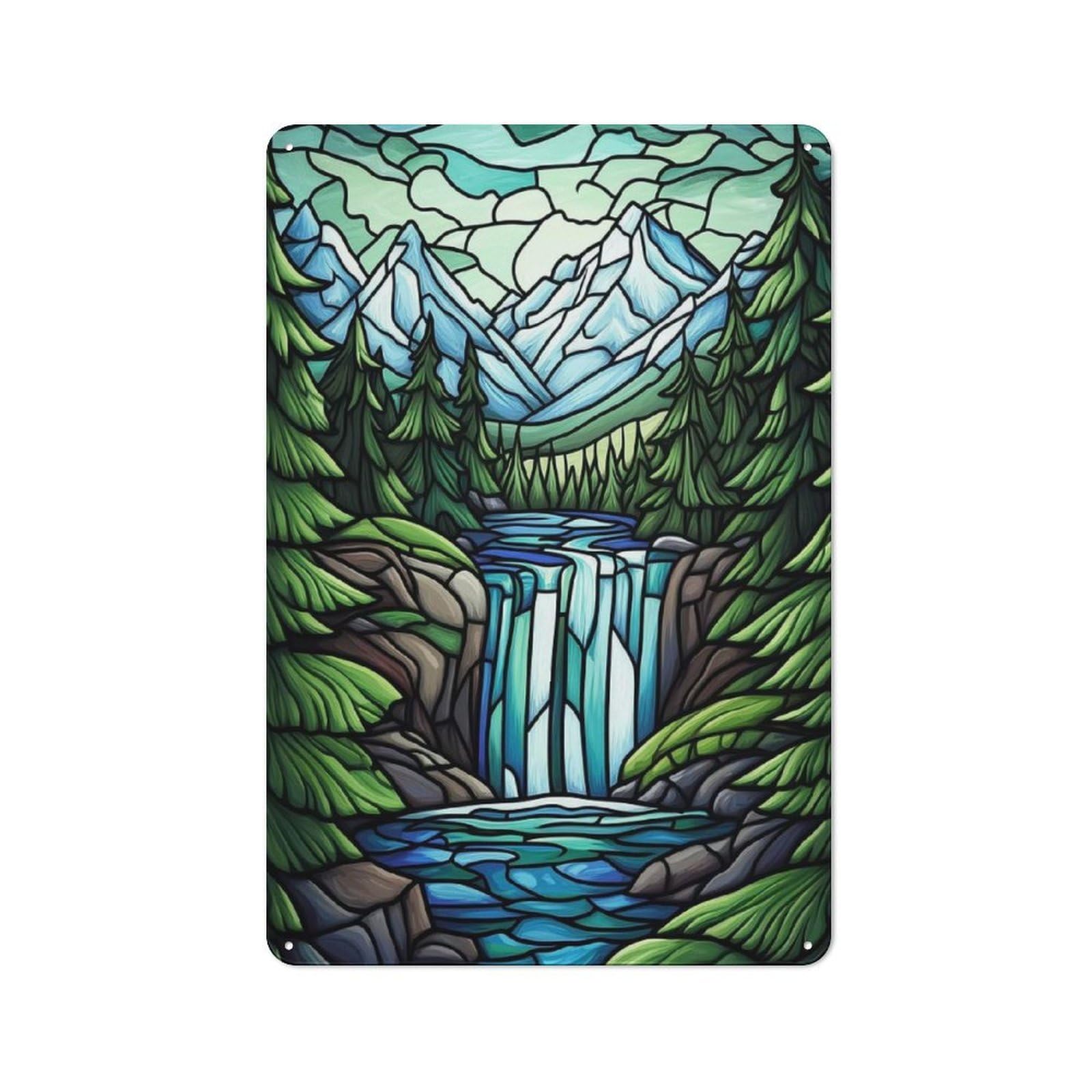 Tin Wall Plaque 30x20cm with Stained Glass Waterfall for Café Or Restaurant, Housewarming Present for People Styling Café And Restaurant