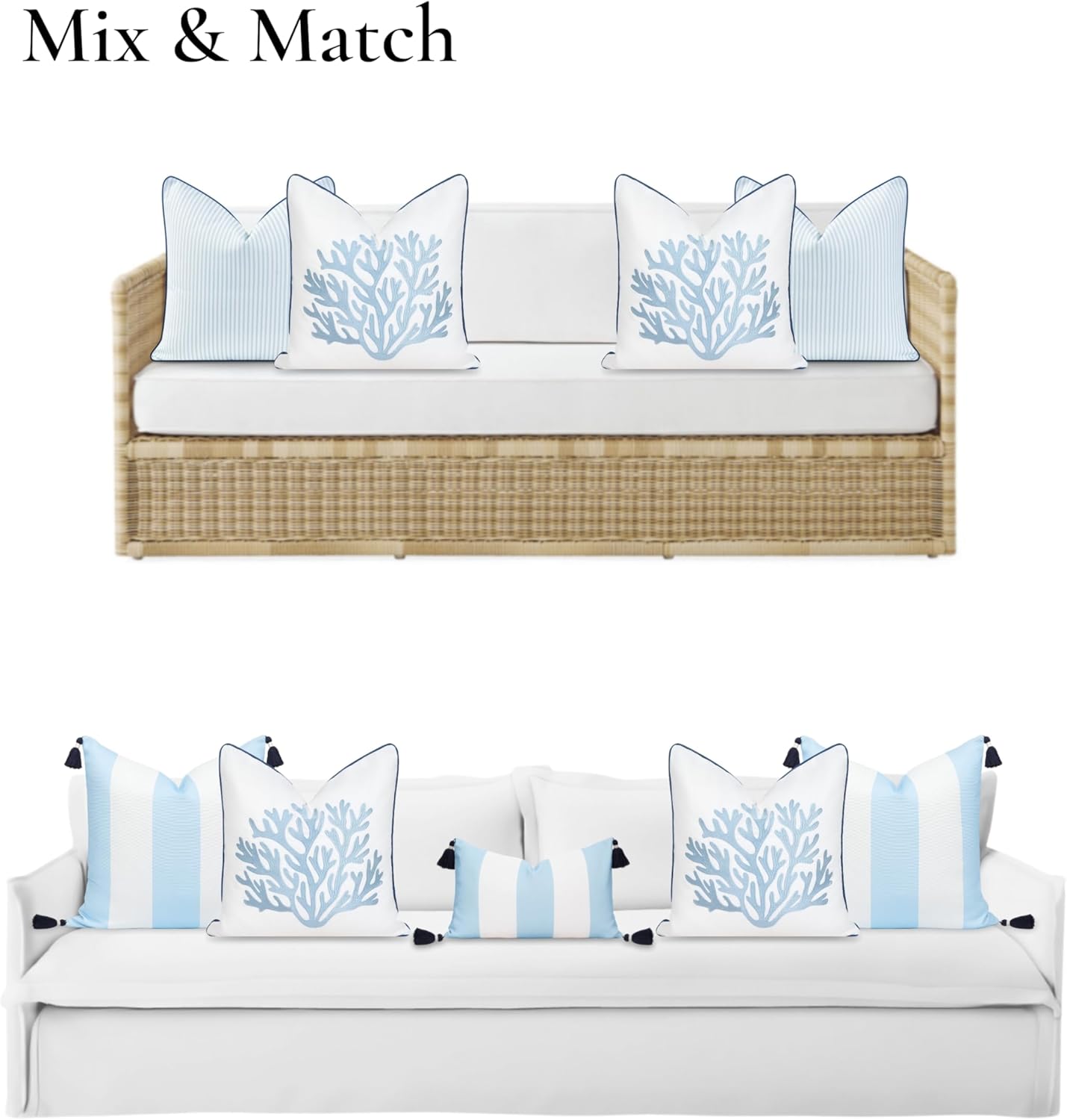 Hofdeco Premium Coastal Patio Indoor Outdoor Throw Pillow Cover Only, 20"x20" Water Repellent for Backyard, Couch, Navy Baby Blue Embroidered Sea Life Coral with Piping - Image 4