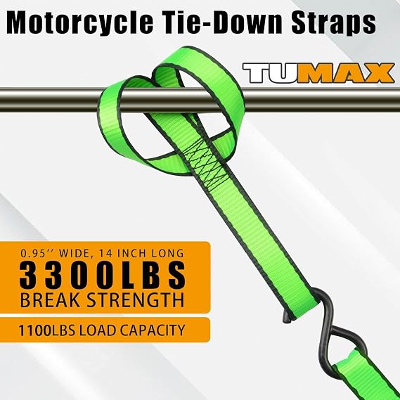 Soft Loop Tie Down Straps - 0.95 x 14 inches, 3300lbs Breaking Strength, Soft Loops for Securing ATV, UTV, Motorcycles, Scooters, Dirt Bikes, Lawn & Garden Equipment, 6 Pack (Green)