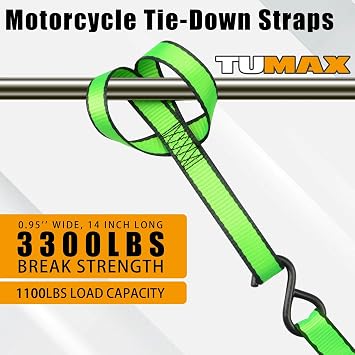 Soft Loop Tie Down Straps - 0.95 x 14 inches, 3300lbs Breaking Strength, Soft Loops for Securing ATV, UTV, Motorcycles, Scooters, Dirt Bikes, Lawn & Garden Equipment, 6 Pack (Green)