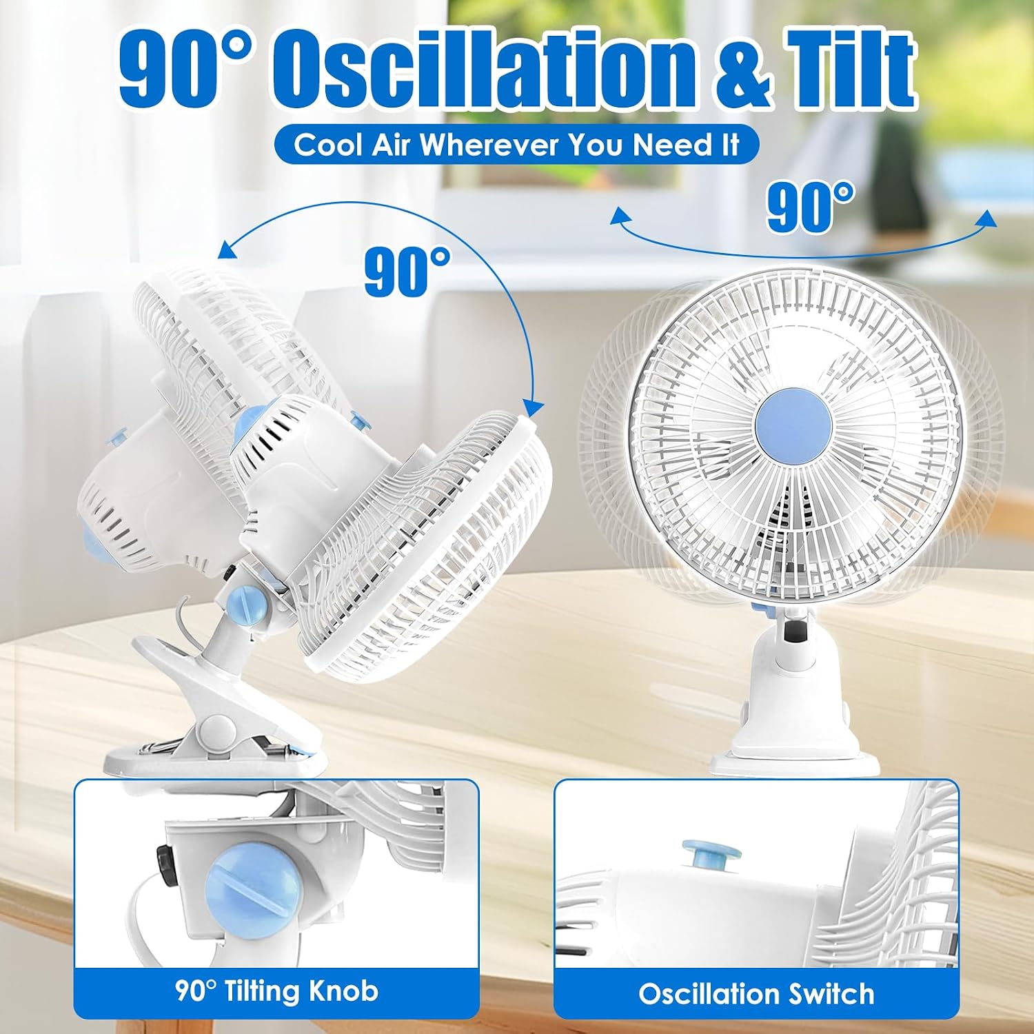TeqHome Clip-on Fan, 8.66In Oscillating Clip On Fan 2 Speeds, Portable Rechargeable Fan with 90° Tilting, Personal fan for Desk Home Office Dorms Strollers Camping, BlueWhite