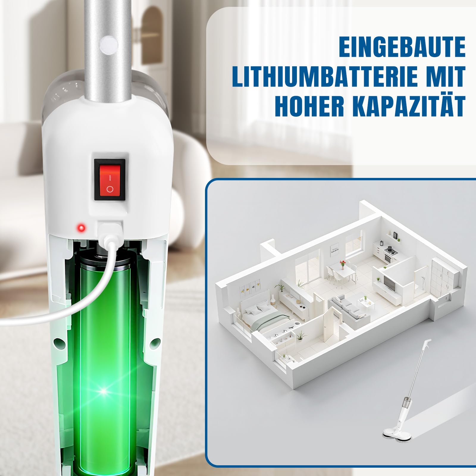 Mopa eléctrica giratoria inalámbrica – 60 minutos de tiempo de funcionamiento – Limpiador de suelos con depósito de agua de 200 ml, dispositivo ligero para fregar y pulir suelos de madera, baldosas