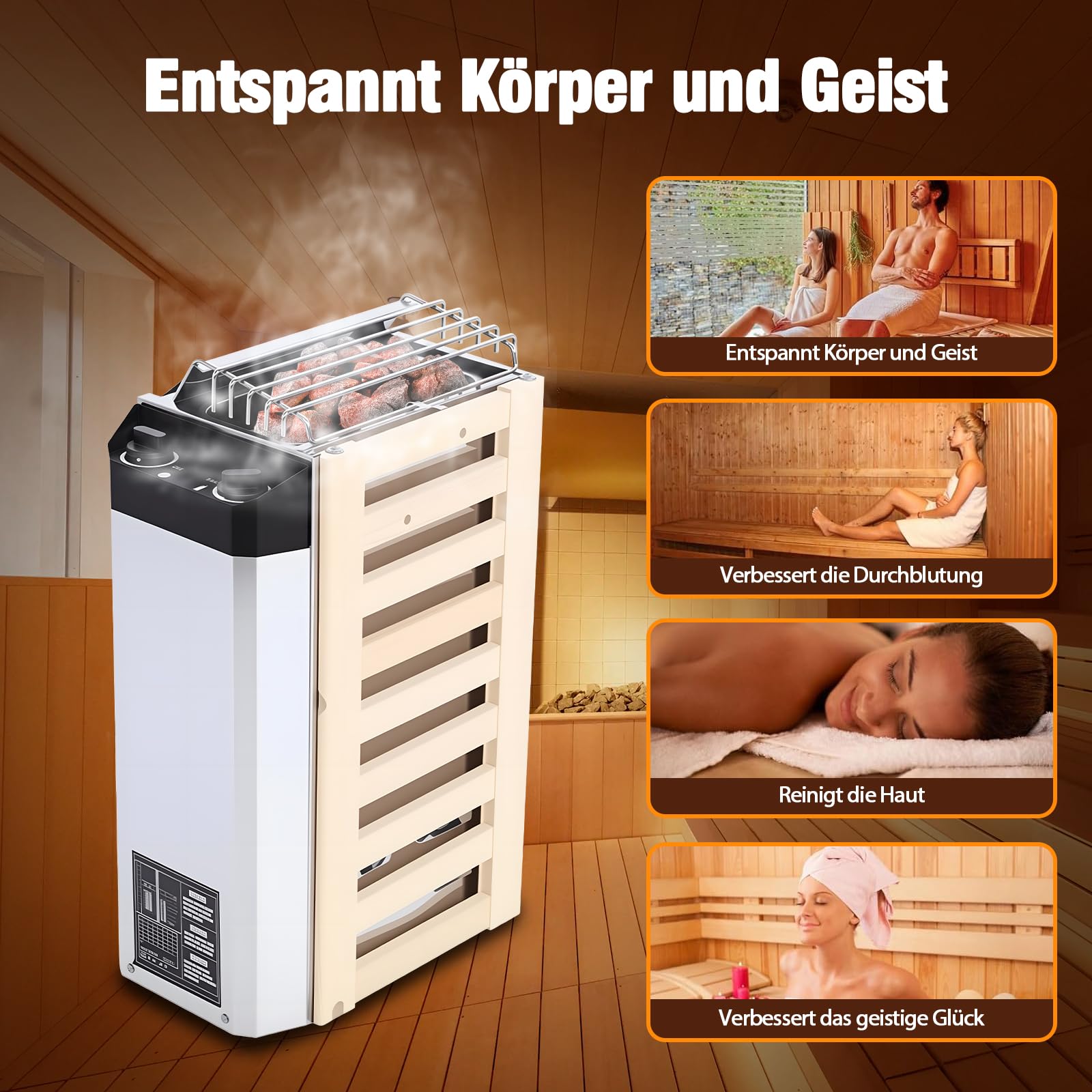 Poêle de sauna électrique 3,6 kW 220 V - Régulation de la température interne - Bois composite en acier inoxydable - Haut rendement - Chauffage à vapeur pour la maison, l'hôtel, le bureau, le spa