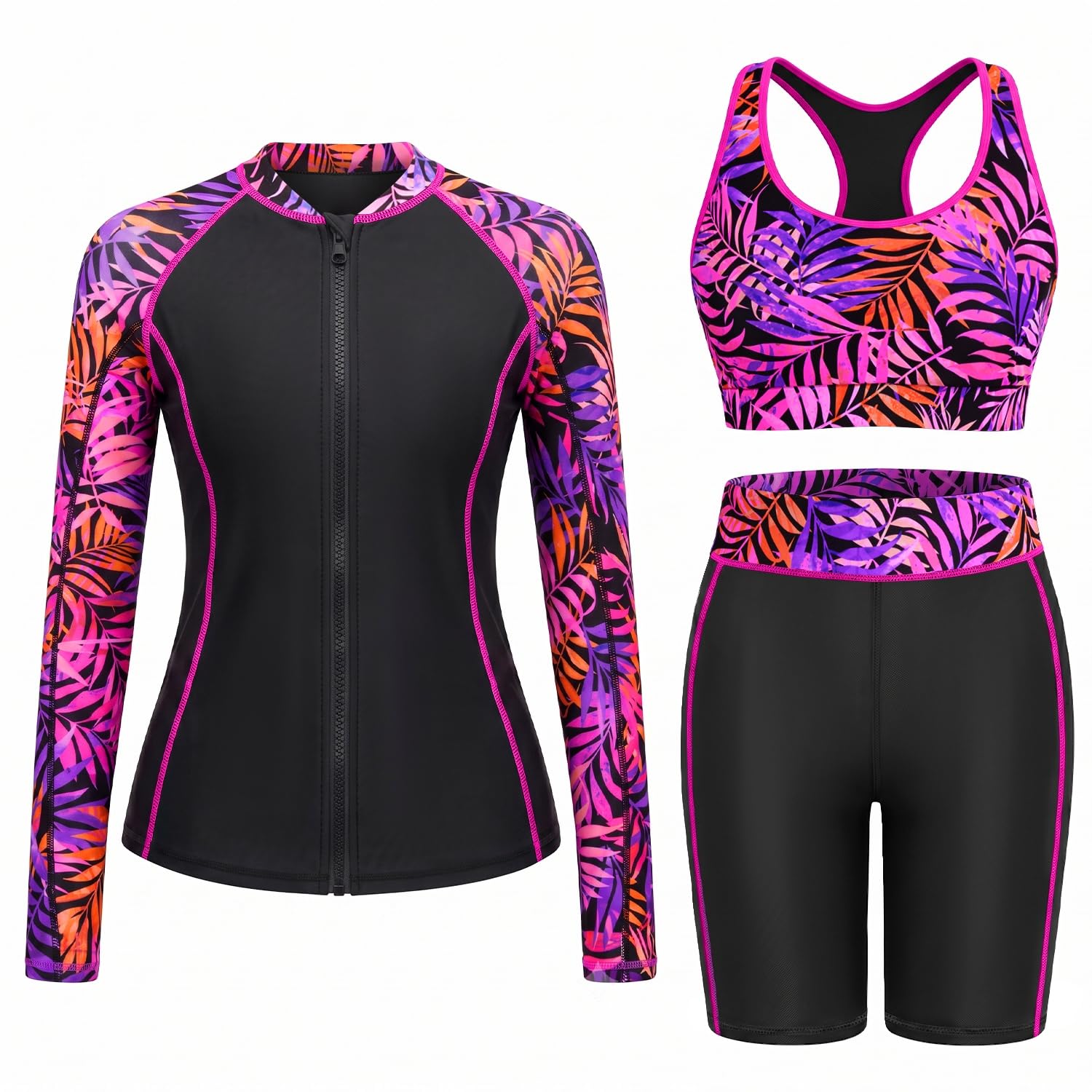 Daci Camiseta de natación de 3 piezas para mujer, camiseta de manga larga con cremallera, brasier deportivo, traje de baño modesto con pantalones cortos