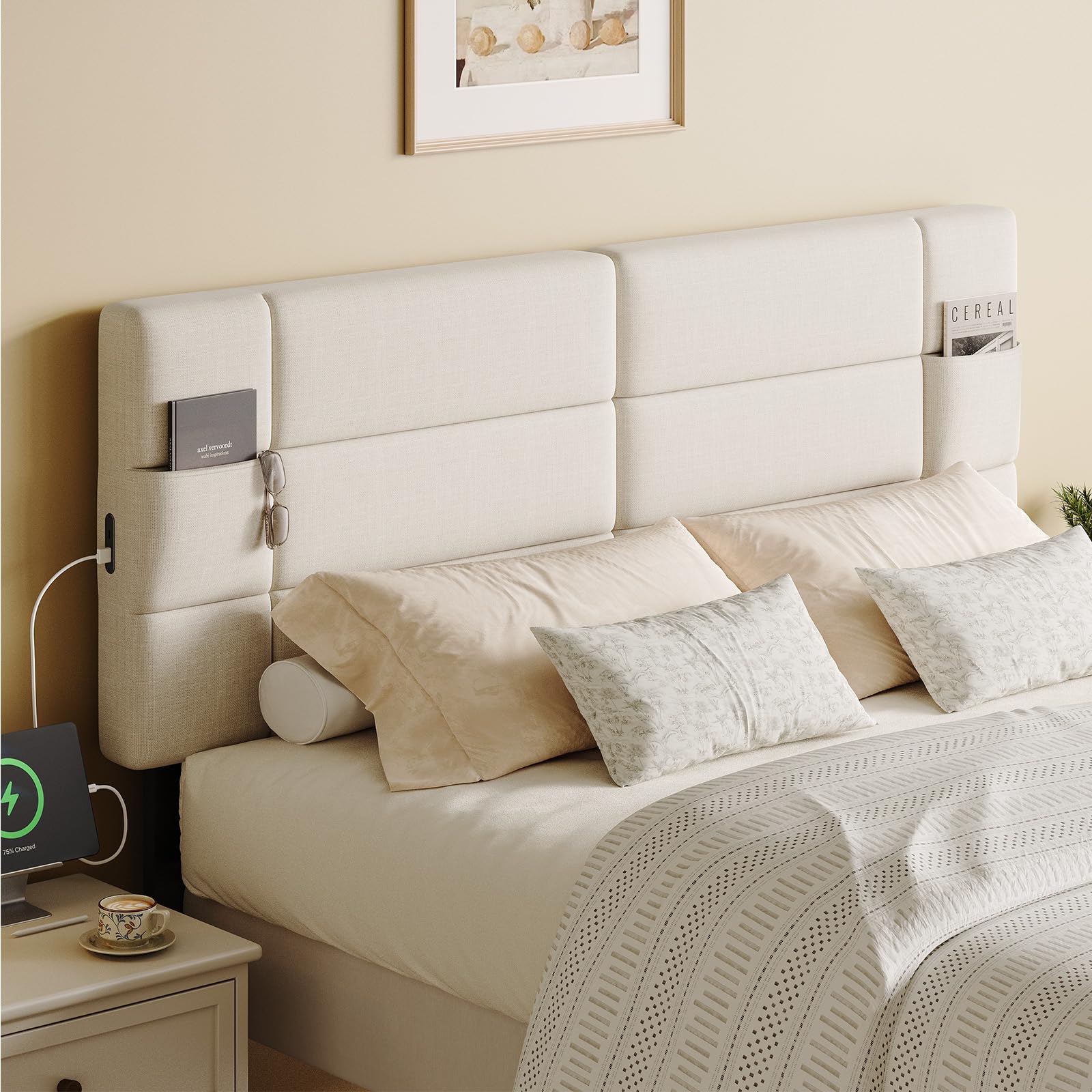 Adjustable Upholstered Headboard with USB Ports