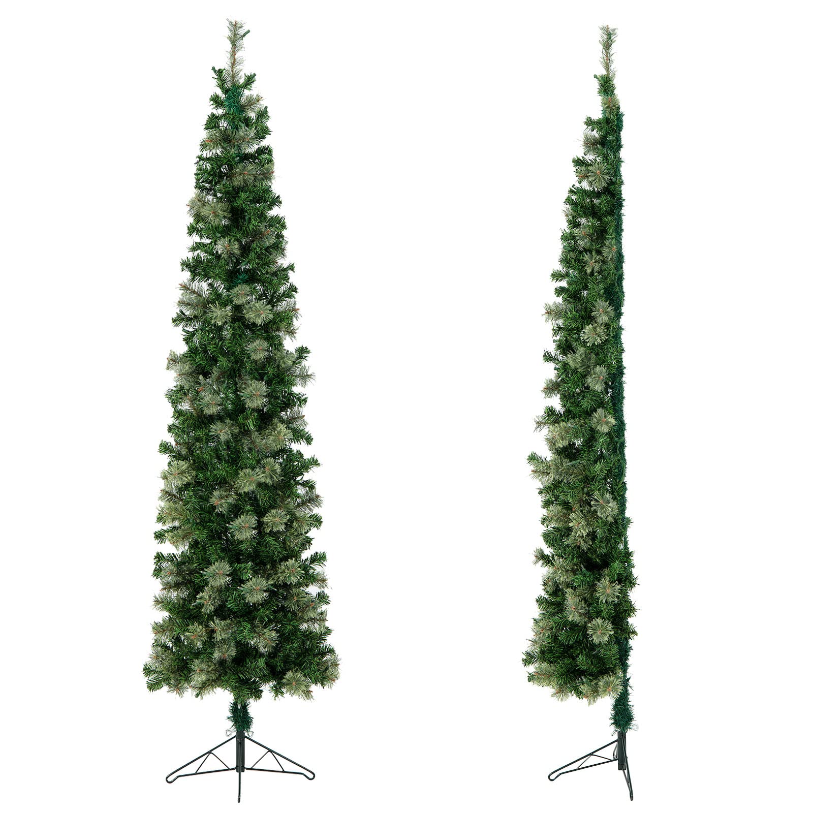 GYMAX Sapin de Noël Artificiel Mince Lumineux 210 CM, Arbre de Noël de 2 Pièces, avec Support en Métal, Aiguilles de Pin, 403 Branches, 150 Lumières LED Blanc Chaud, Décoration de Fêtes