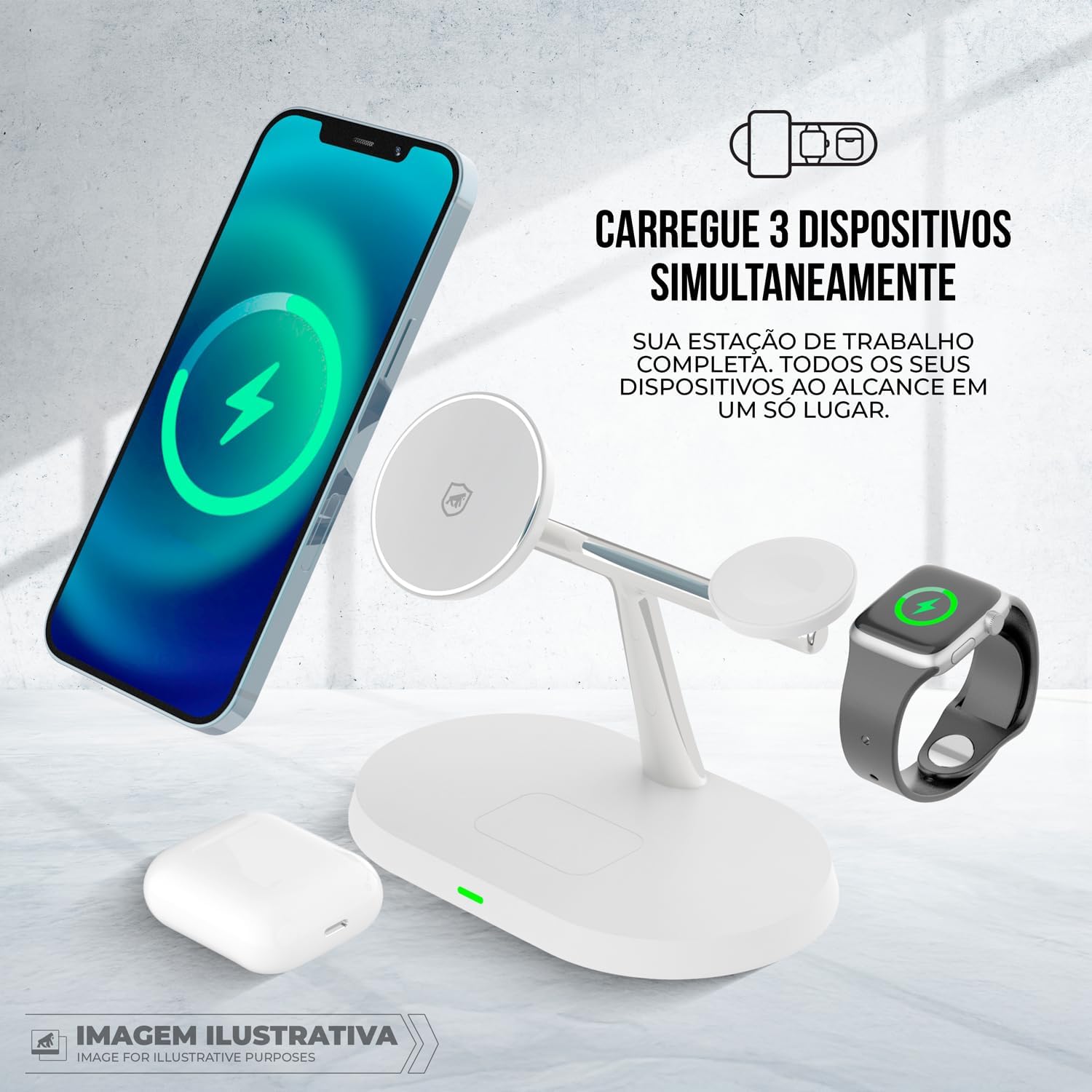 Gshield Carregador Dock Station Wireless 3 em 1 compatível com MagSafe 15W USB-C para Smartphone, Apple Watch e Fones de Ouvido (Branco)