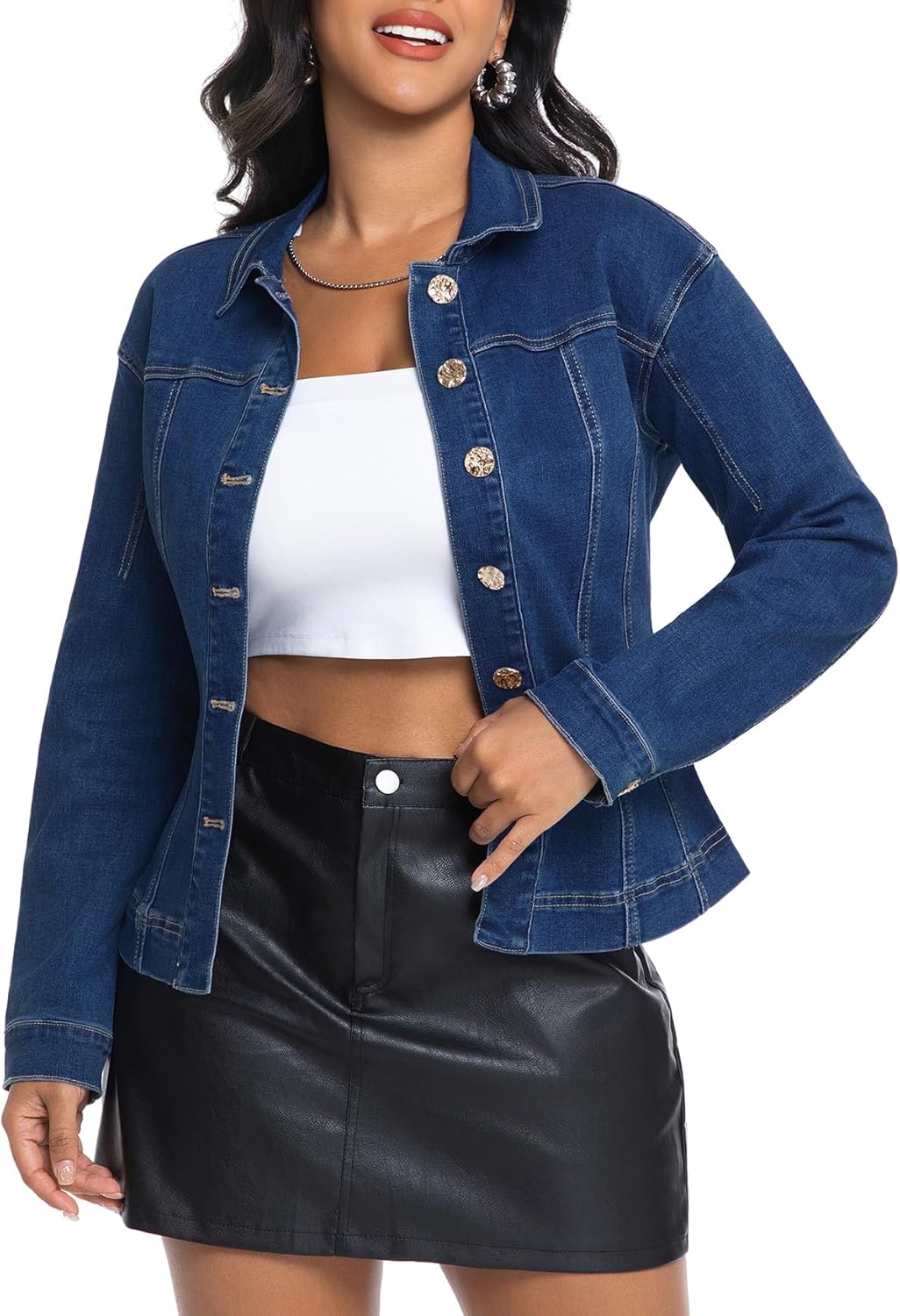 Kedera Denim Jacket for Women Cinched Waist Button Up Long Sleeve Trendy Stretchy Jean Jacket Coat