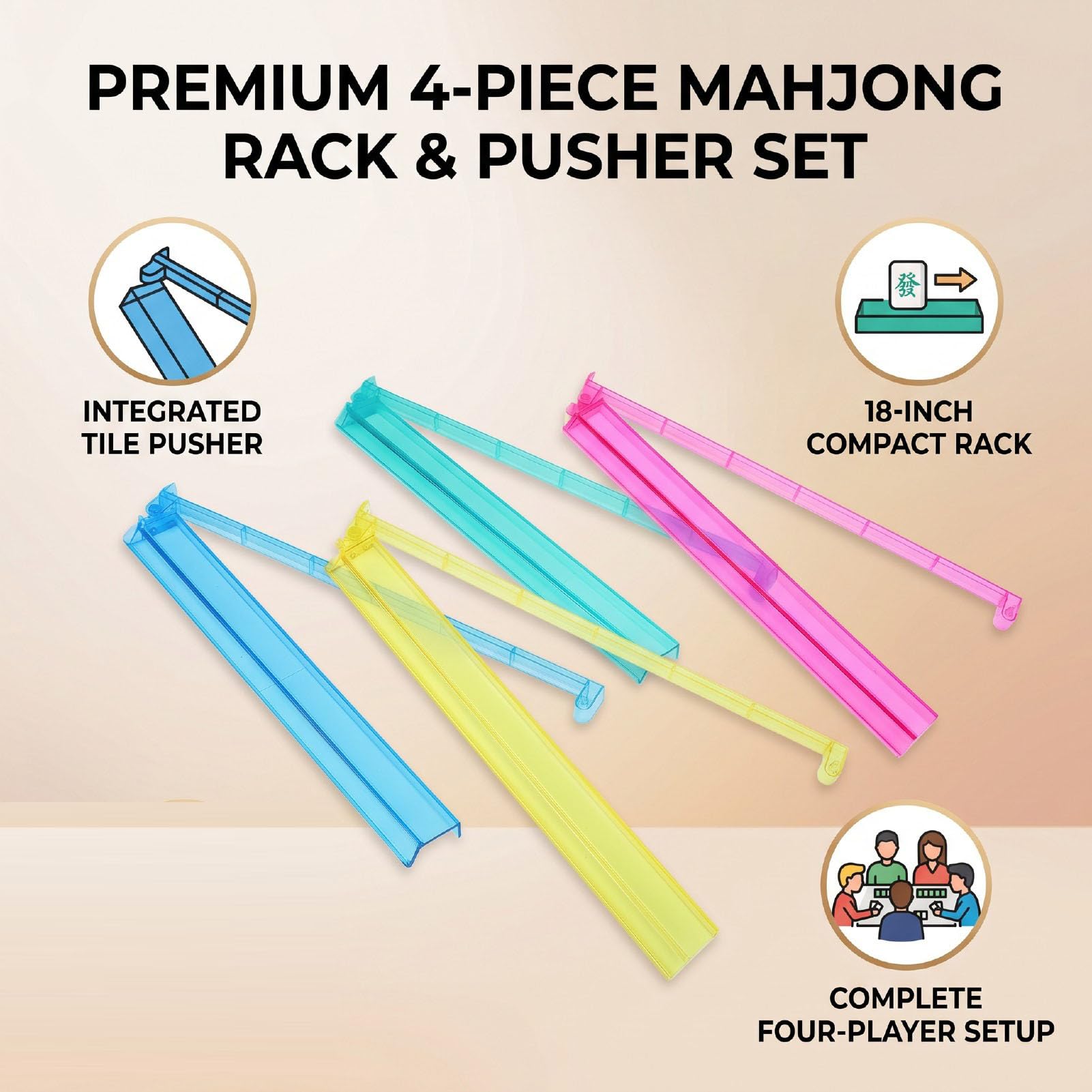 4 Pièces Support de Tuiles de Mahjong de 18 Pouces avec Poussoir pour