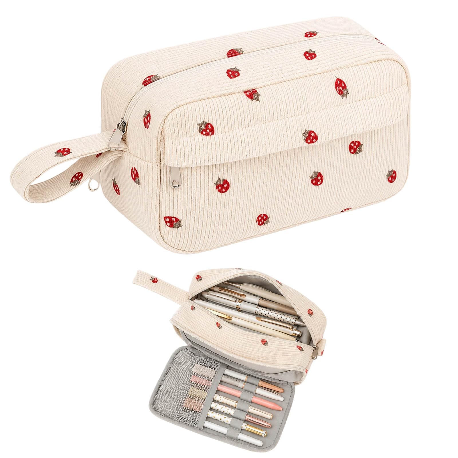KhgFov Strawberry Pencil Case, Large Capacity Cute Corduroy Pencil Case