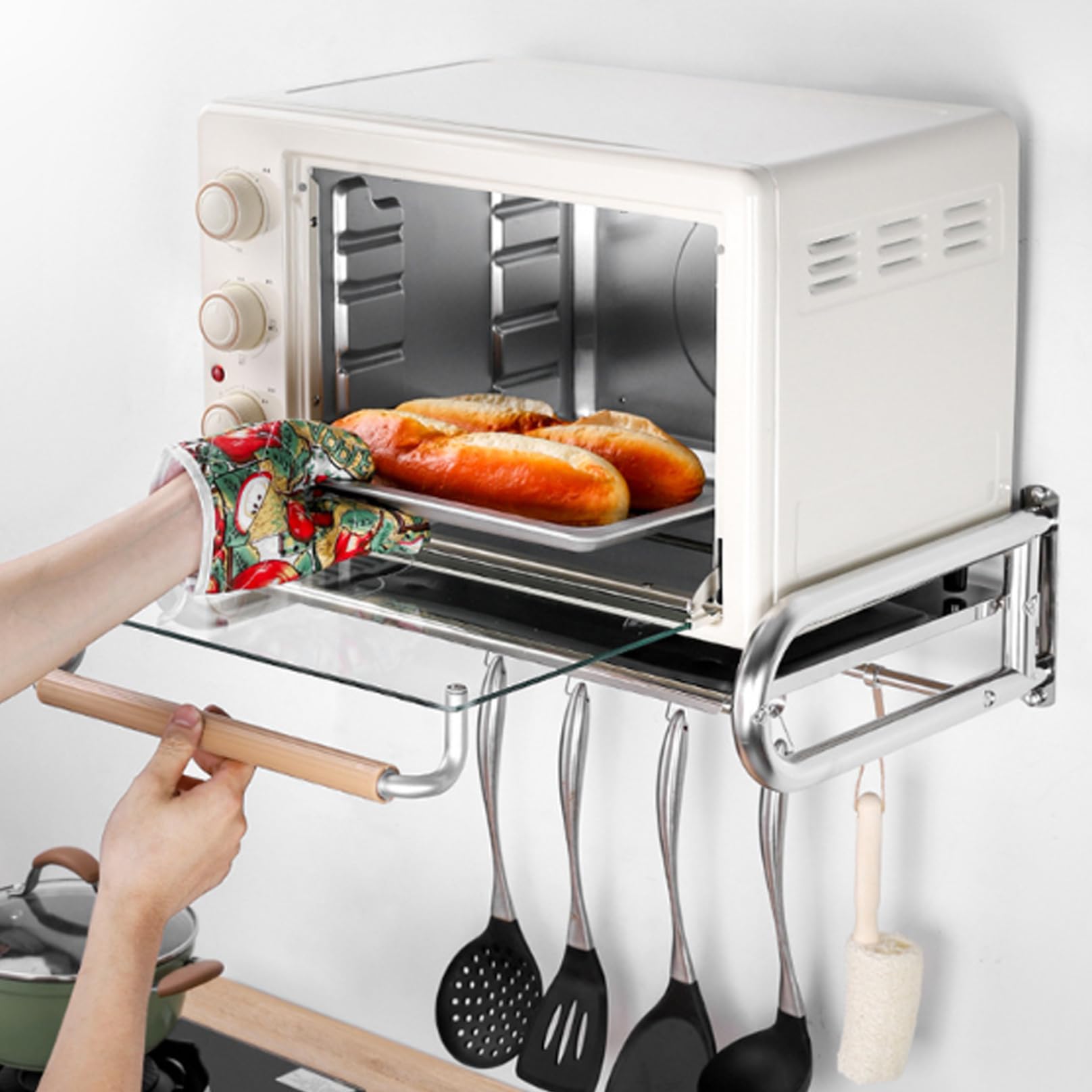 Etagère murale pour four à micro-ondes, 19.7"x14.4" Etagère murale pour four électrique Support mural pour micro-ondes en acier inoxydable Support pour four à micro-ondes avec crochets cuisine Maison