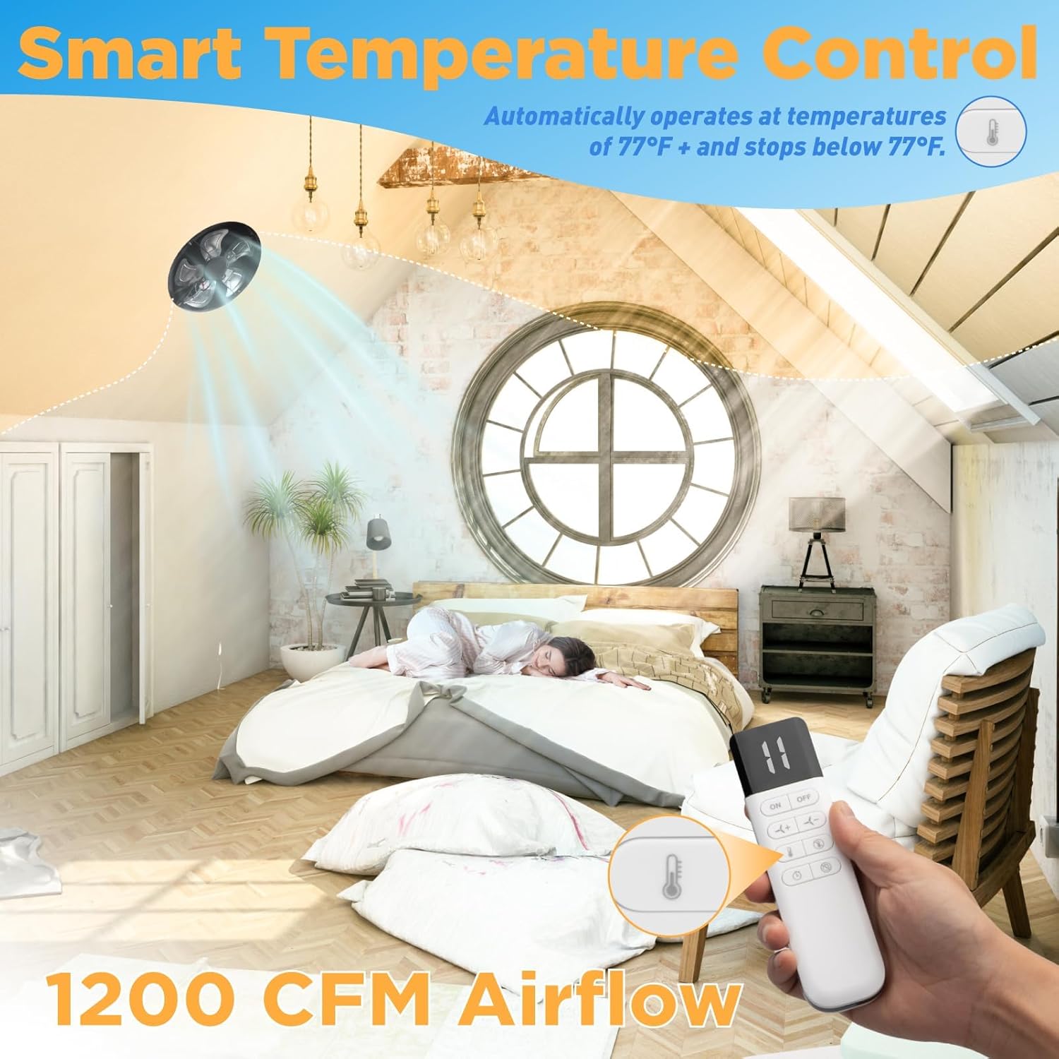 55W Solar Attic Fan with Thermostat, 12" Solar Roof Vent Fan, 1400 CFM Solar Exhaust Fan Up to 1800 Sq.Ft, Hybrid Solar Attic Ventilation with 5 Aluminum Alloy Blades for Home, Garage, RV, Greenhouse