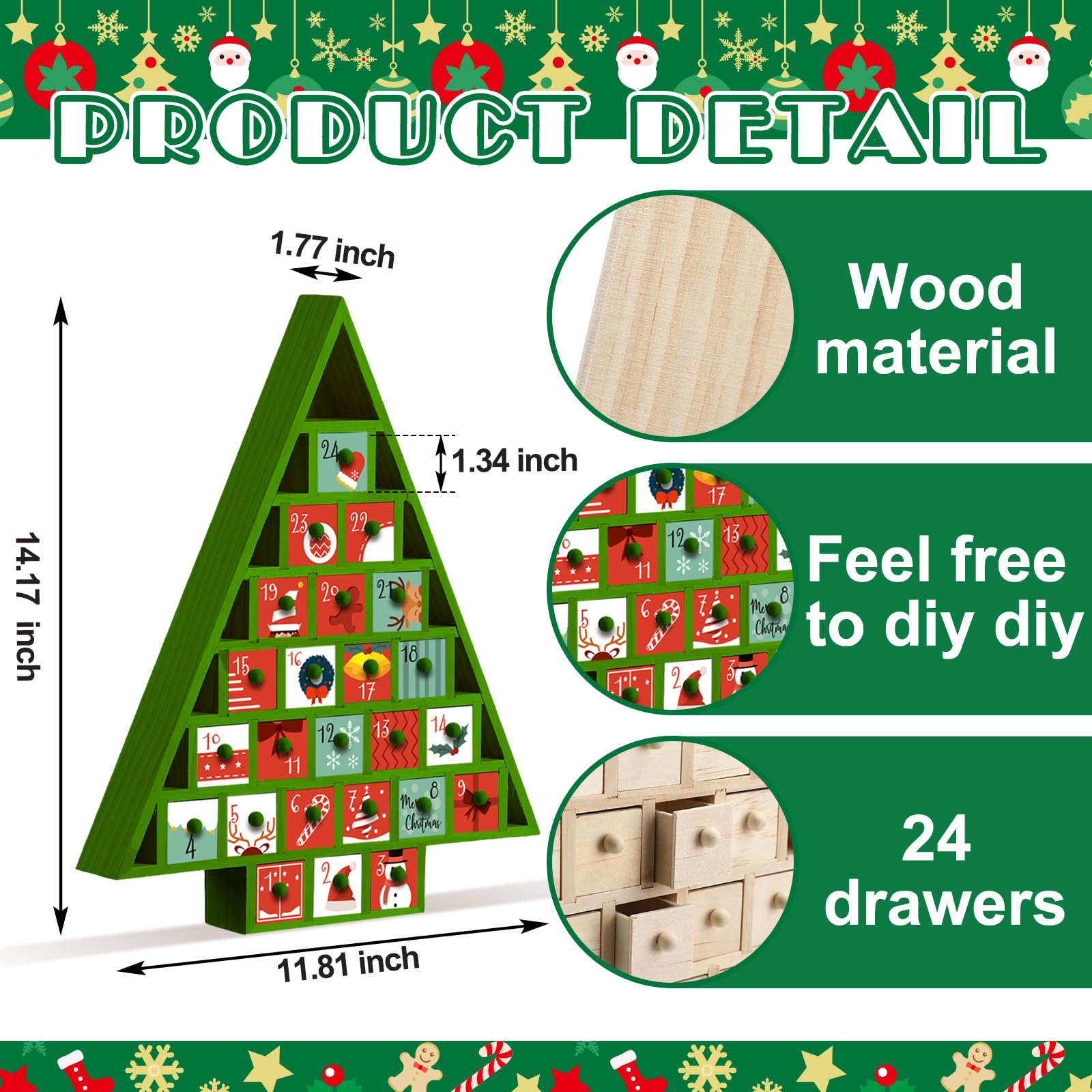 Geetery 2 Sets Weihnachtsbaum Holz Adventskalender Countdown bis Weihnachten DIY Dekoration mit 24 abnehmbaren Schubladen für Kinder zum individuellen Gestalten des eigenen Baumes, 36 cm hoch,