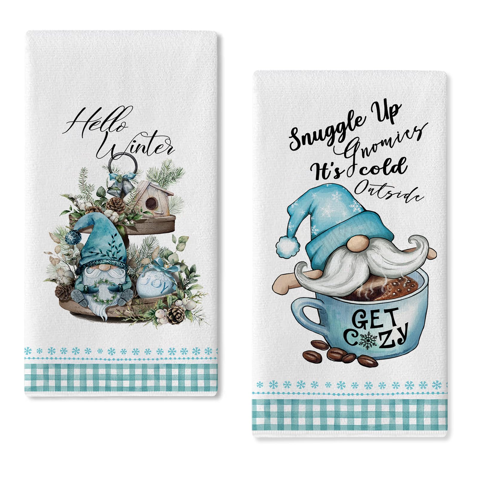 Seliem Hello Winter Gnome Joy Kitchen Dish Towel, Blue Buffalo Plaid Check Wood Tiered Tray It’s Cold Outside Tea Hand Drying Baking Cloth, Birdhouse Pine Cone Decor Christmas Home Decorations 18 x 26
