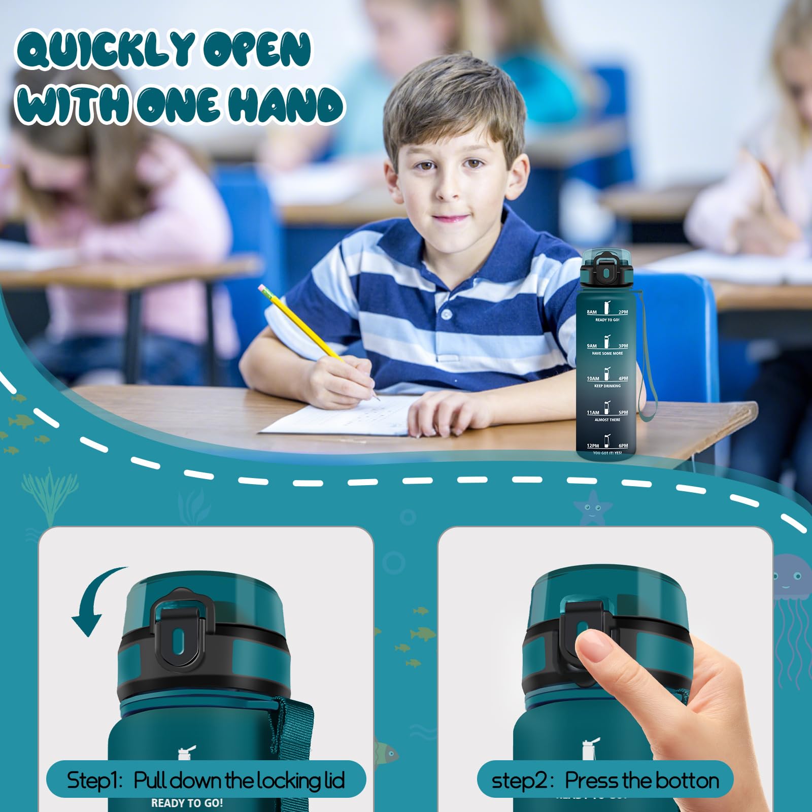 Gourde De Sport 500 Ml – étanche, Sans BPA, Avec Repères Horaires Et Brosse Fournie – Idéale Pour Vélo, Course, école