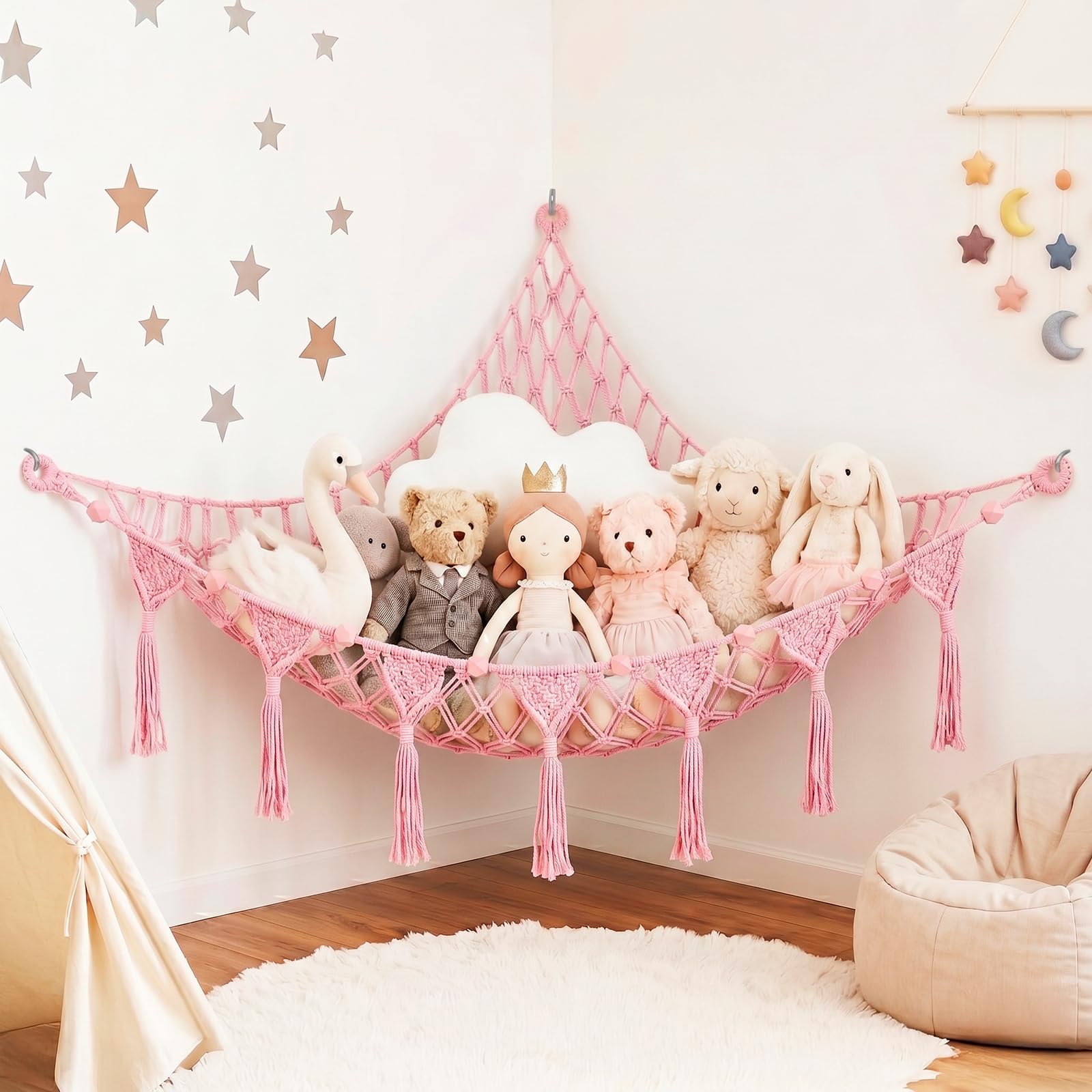 AUAUY Toy Hammock for Stuffed Animals, Teddy Hammock Toy Storage Net, Macrame Boho Corner Hanging Organizer with Tassel, Soft Cuddly Toy Storage Net for Kids Bedroom Nursery Decor, Pink