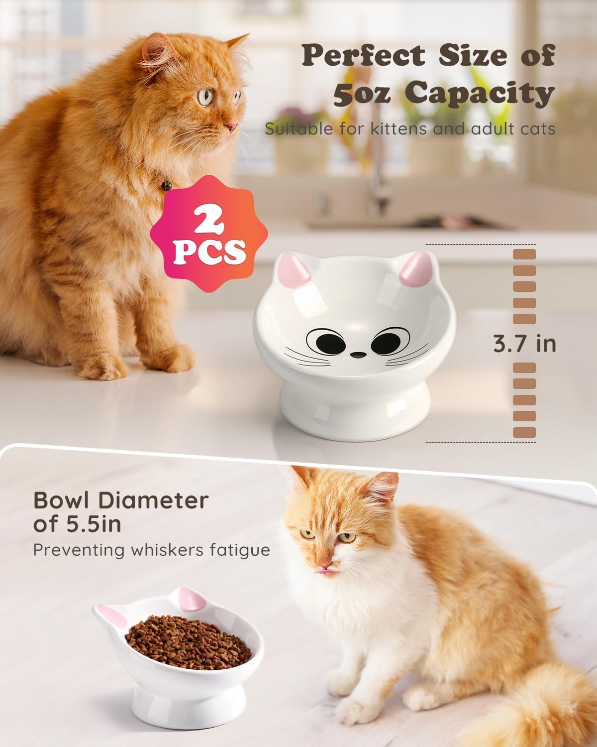 2Pcs Raised Cat Food Bowl Ceramic 15 Tilted Bowls Protect Cat's Spine, Anti Vomiting Backflow Prevention, Adult Cats, Kitten, Small Dogs, Pink&Blue