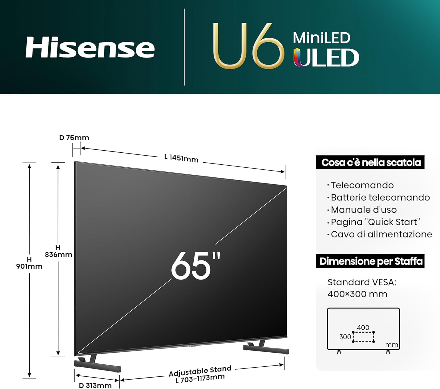 Hisense TV 65" Mini-LED 4K 65U62NQ, Smart TV VIDAA U7, Dolby Vision IQ, HDR 10+ Adaptive, Game Mode Plus, Alexa Built-in, VIDAA Voice, Tuner DVB-T2/S2 HEVC 10, lativù 4K 65 Pollici 2024 U62NQ - Immagine 2