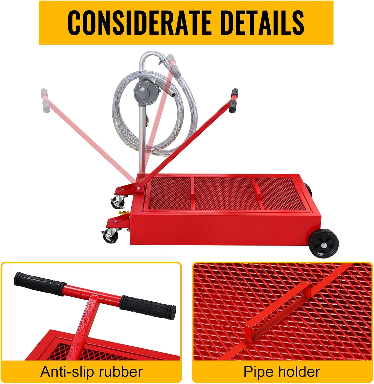 Oil Drain Tank, 20-Gallon Low Profile Oil Drain Pan with Pump, Ergonomic Handle, Hose, Swivel Casters, Fit for Car, SUV, and Truck Maintenance and Oil Change