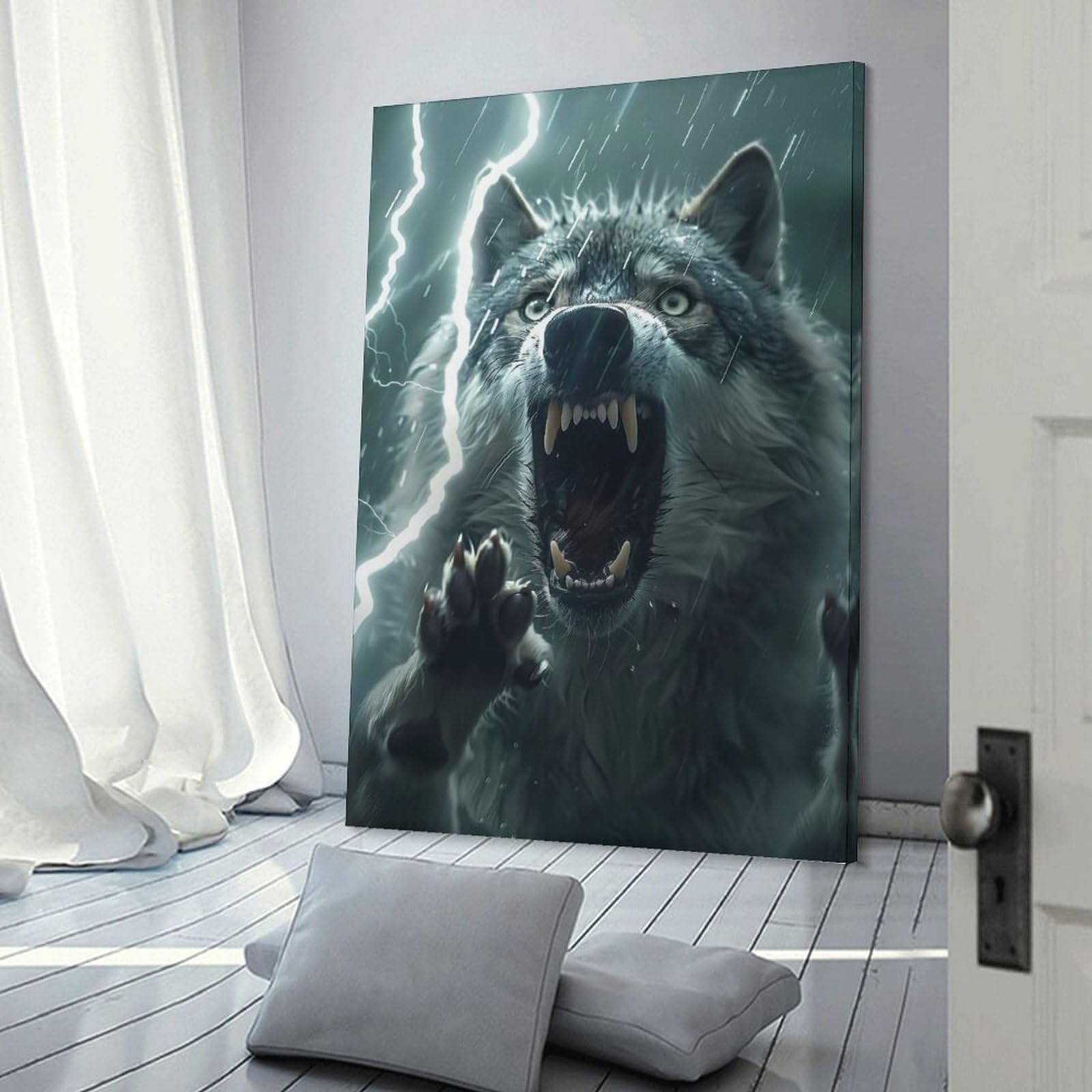Junmoney Wolf Lightning Wall Art Print 24x36inch(60x90cm), for Hallway, Entryway Or Landing, Wall Decor to Refresh Empty Corners, for Cosy Room Updates