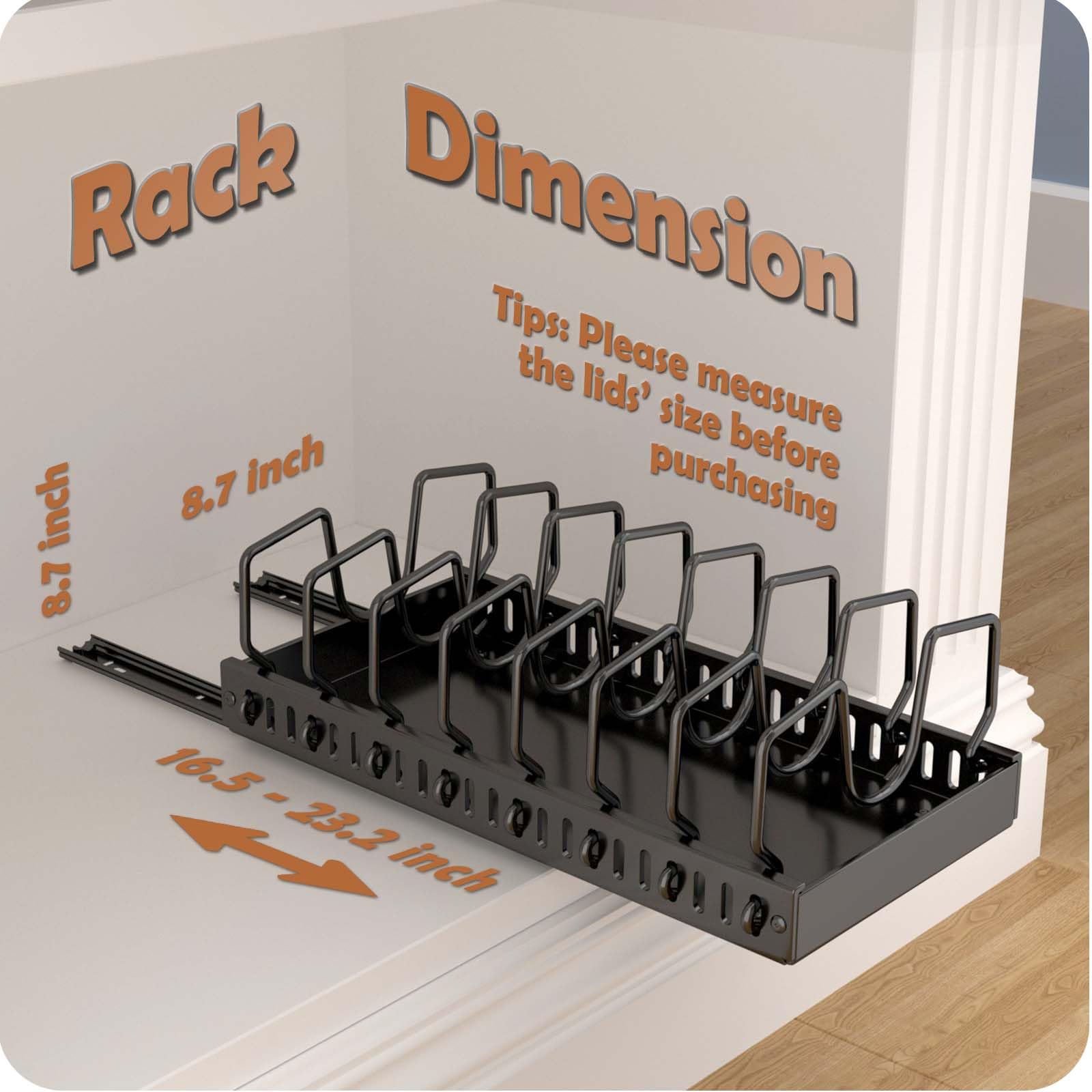 Pots and Pans Organizer Under Cabinet, Sliding Lid Holder and Pan Rack in Kitchen, Slide Out inside Cabinet Storage for Pot Lid, Bakeware, Dishes, 8 Adjustable Dividers, 2 Pack Black