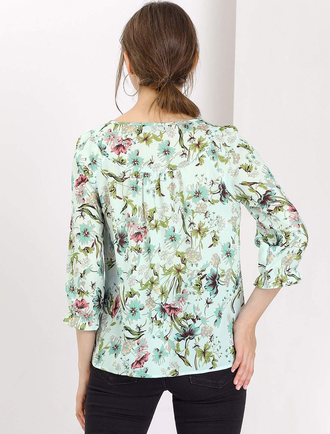 Allegra K Women's Bow Tops Vintage Tie Neck 3/4 Sleeve Floral Blouse - Image 5